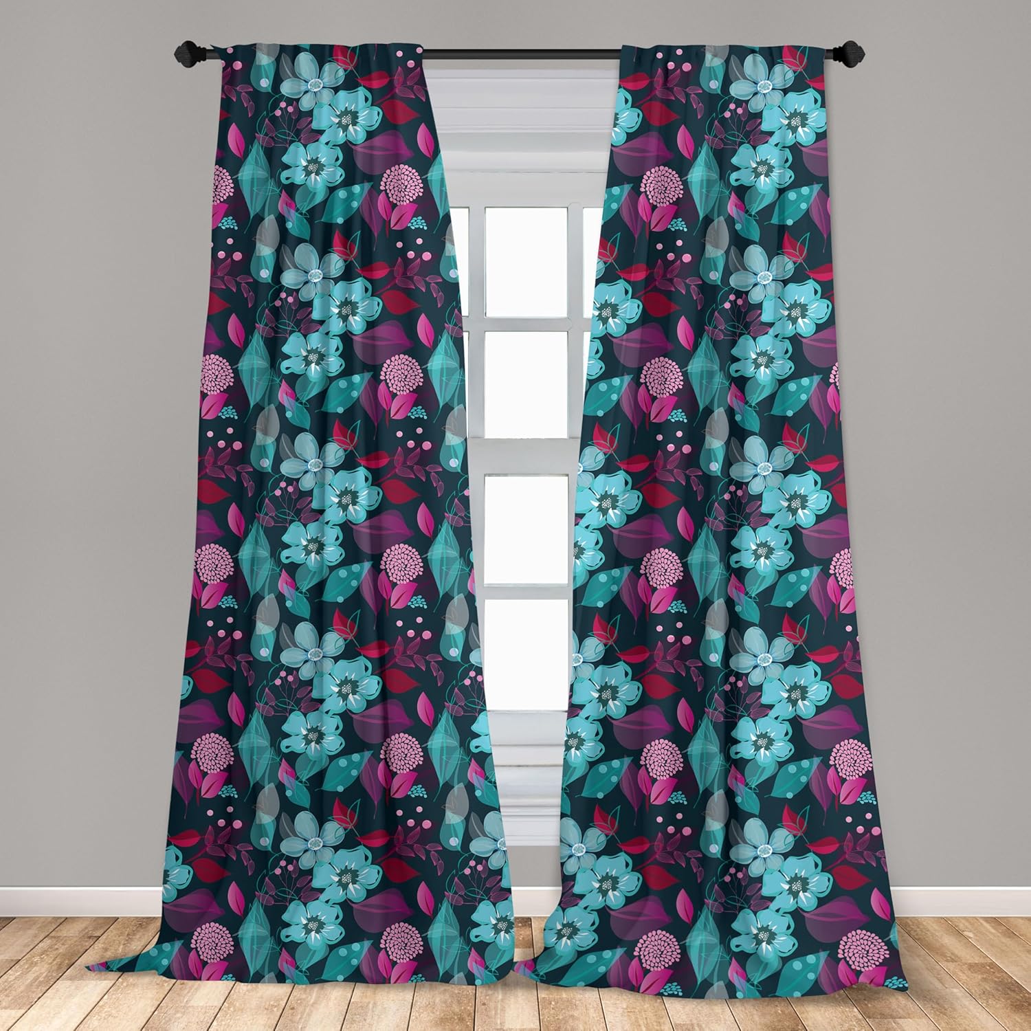 Ambesonne Flower Curtains, Flow of Pale Blue Blossoms and Colorful Leaves Romantic Fantasy Garden Art Pattern, Window Treatments 2 Panel Set for Living Room Bedroom, Pair of - 28" x 95", Teal Magenta