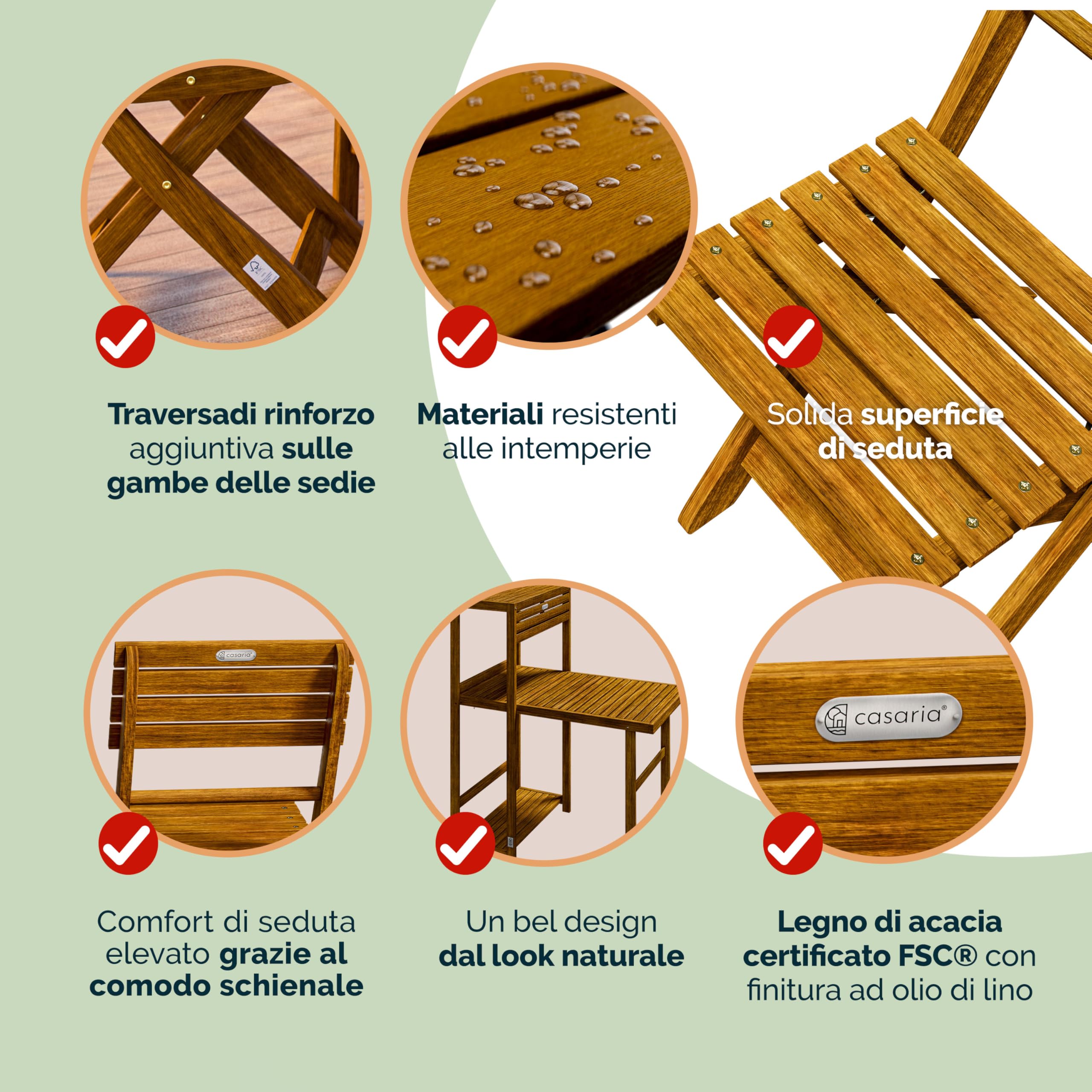 Casaria® Set da balcone per 2 persone, resistente alle intemperie, pieghevole, in legno, 160 kg, con certificazione FSC®, 95 x 117 cm, 3 pezzi, colore marrone