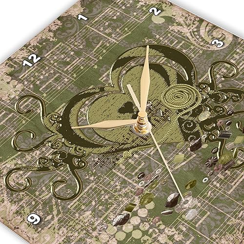 Miniatura 4 de 3dRose Wall Clock Silent - 10 inch - Metal Vintage Look Heart, Music Notes, and Flora, Gray Green, Brown - Heart Design