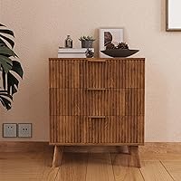 XUZENEST Fluted 3-Drawer Modern Wood Dresser Chest - Walnut Storage Organizer for Bedroom, Living Room, Closet