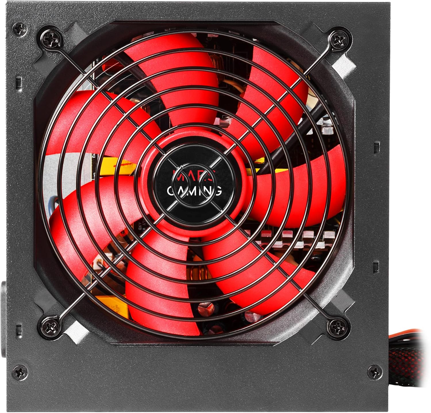 Close-up of the Mars Gaming MPII850 power supply's 12cm red fan with the Mars Gaming logo.