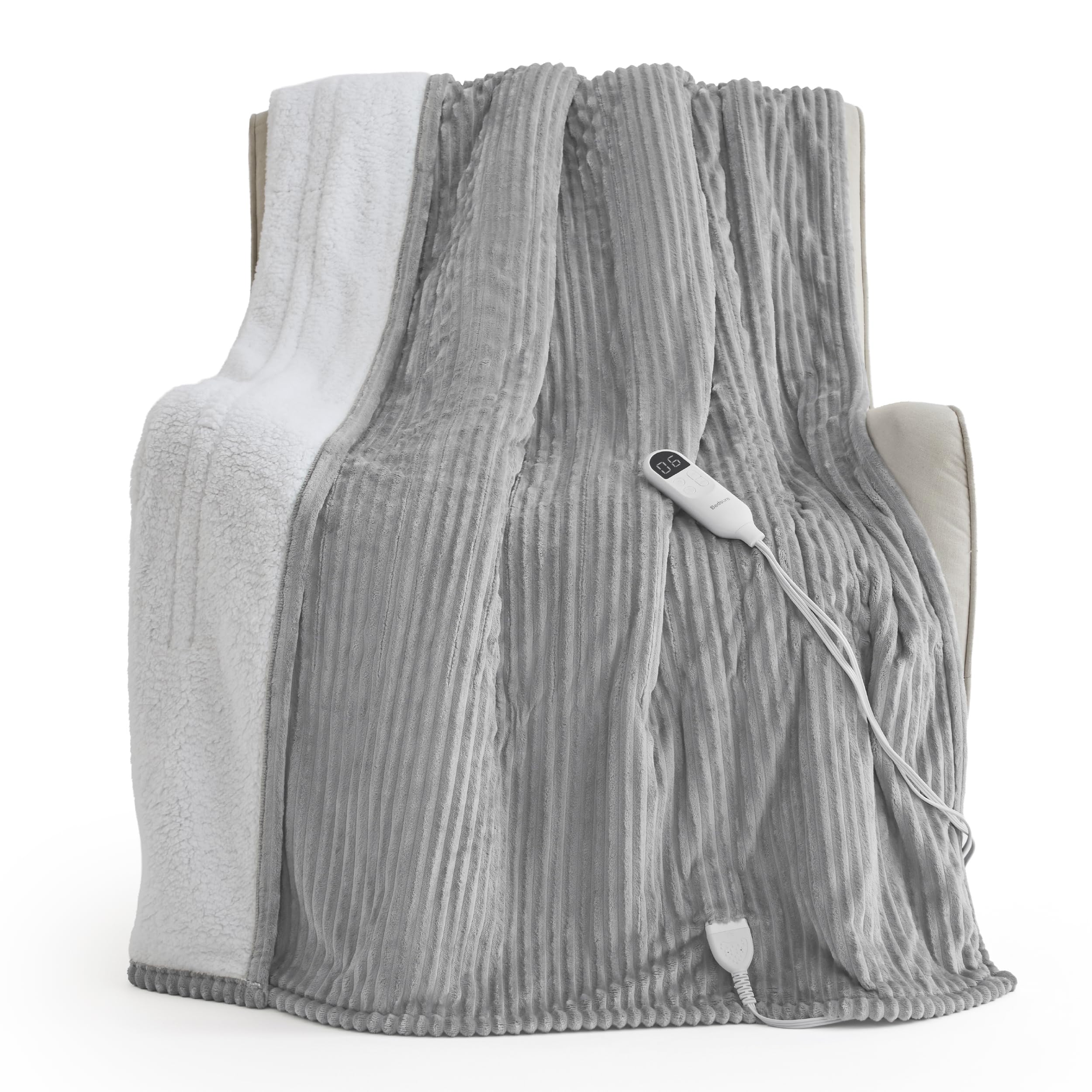 Bedsure Ribbed Heated Blanket Throw XL, Preheat Electric Blanket Light Grey