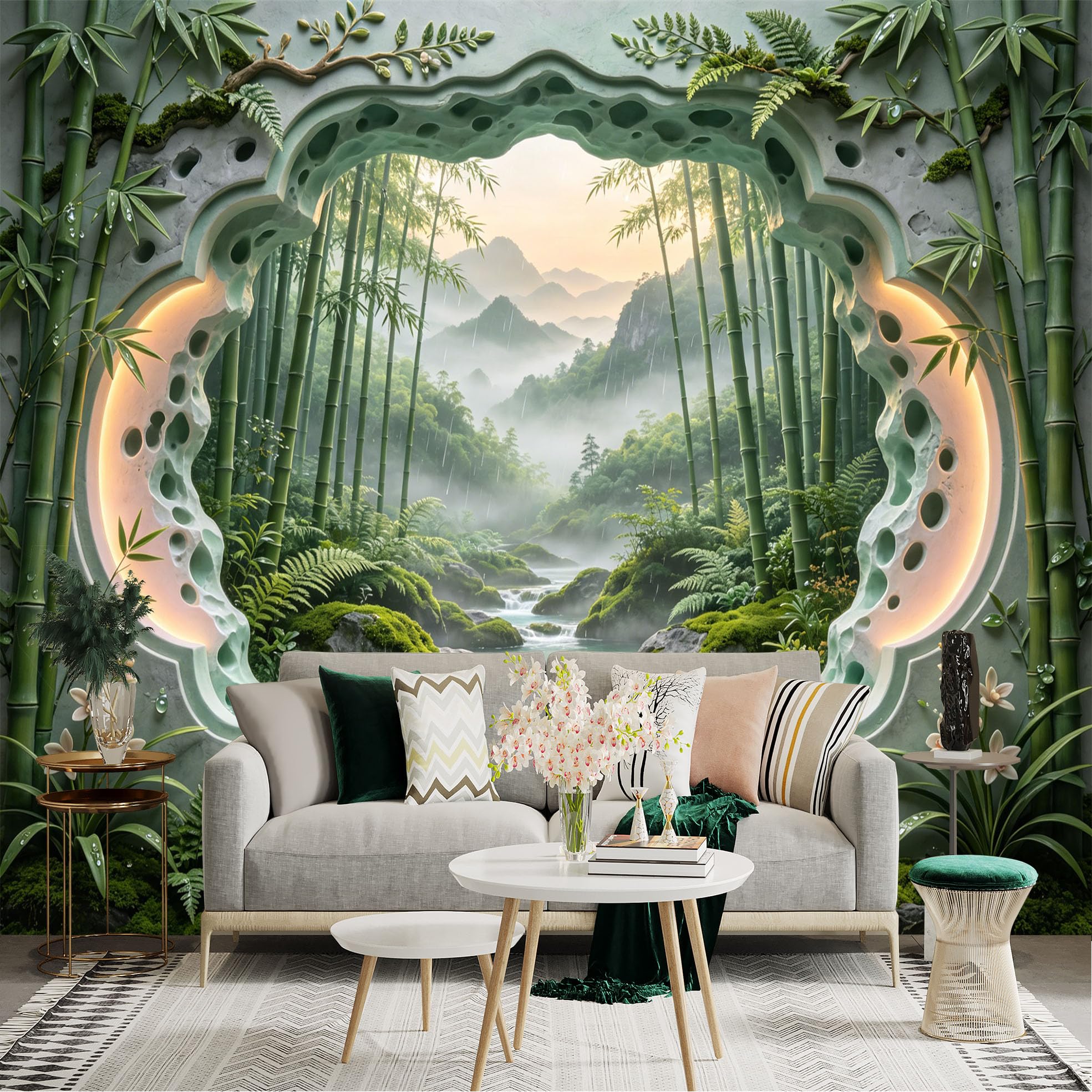 Custom Size Wall Sticker Mural， Bamboo Forest with Waterfall and Misty Mountains， for wall Decoration， peelandstick wall Decals.