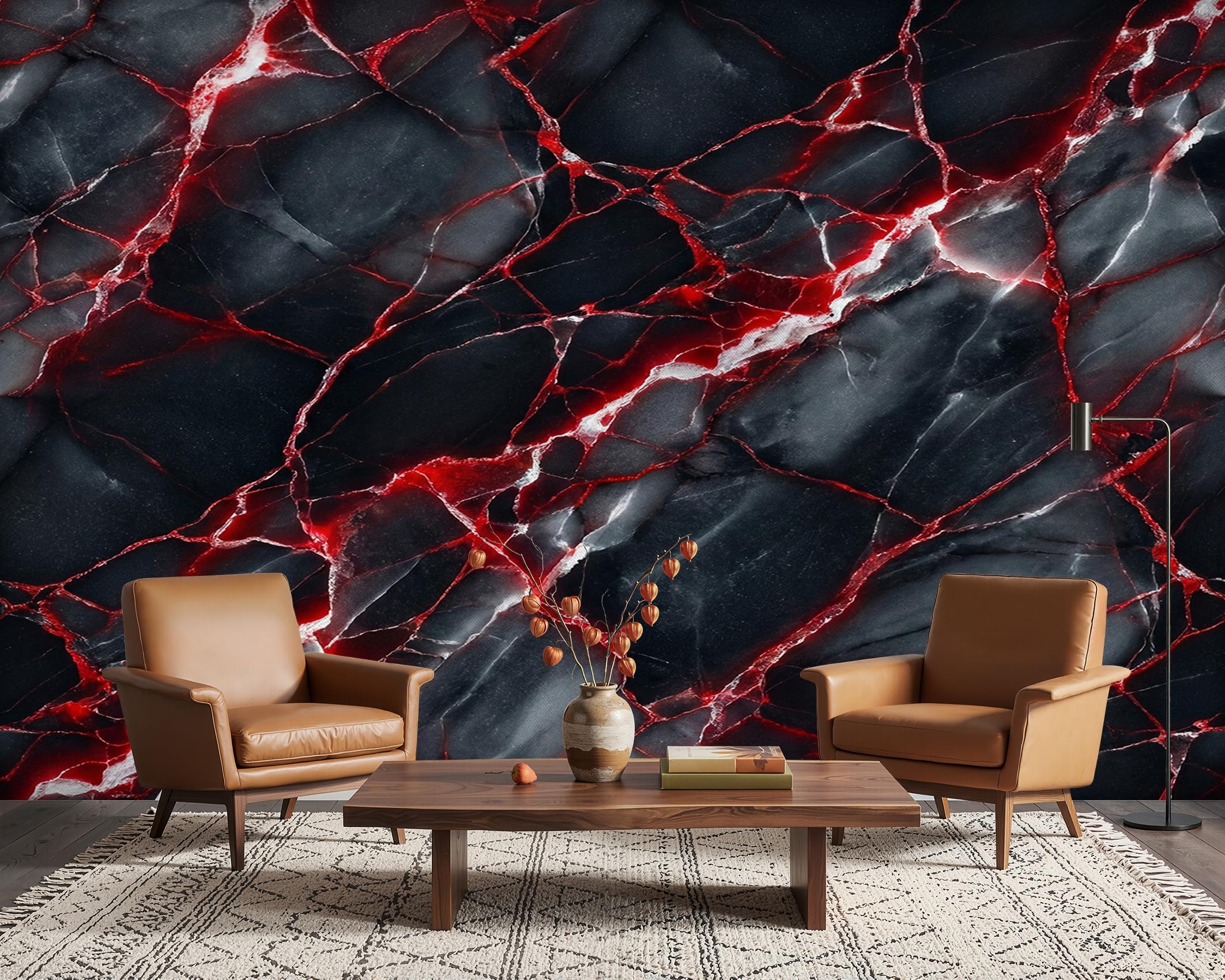 PaxGloz Black and Red Marble Wall Mural, Modern Gaming Room Wallpaper for Living Room & Bedroom, Non-Woven Decorative Wall Art 416x254 cm