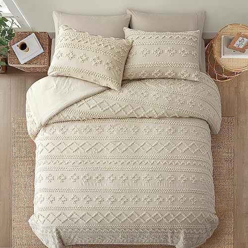 Miniatura 5 de Oli Anderson Juego de edredón beige tamaño King, juego de ropa de cama de geometría copetuda, tamaño King, 3 piezas, edredón bohemio desgastado chic