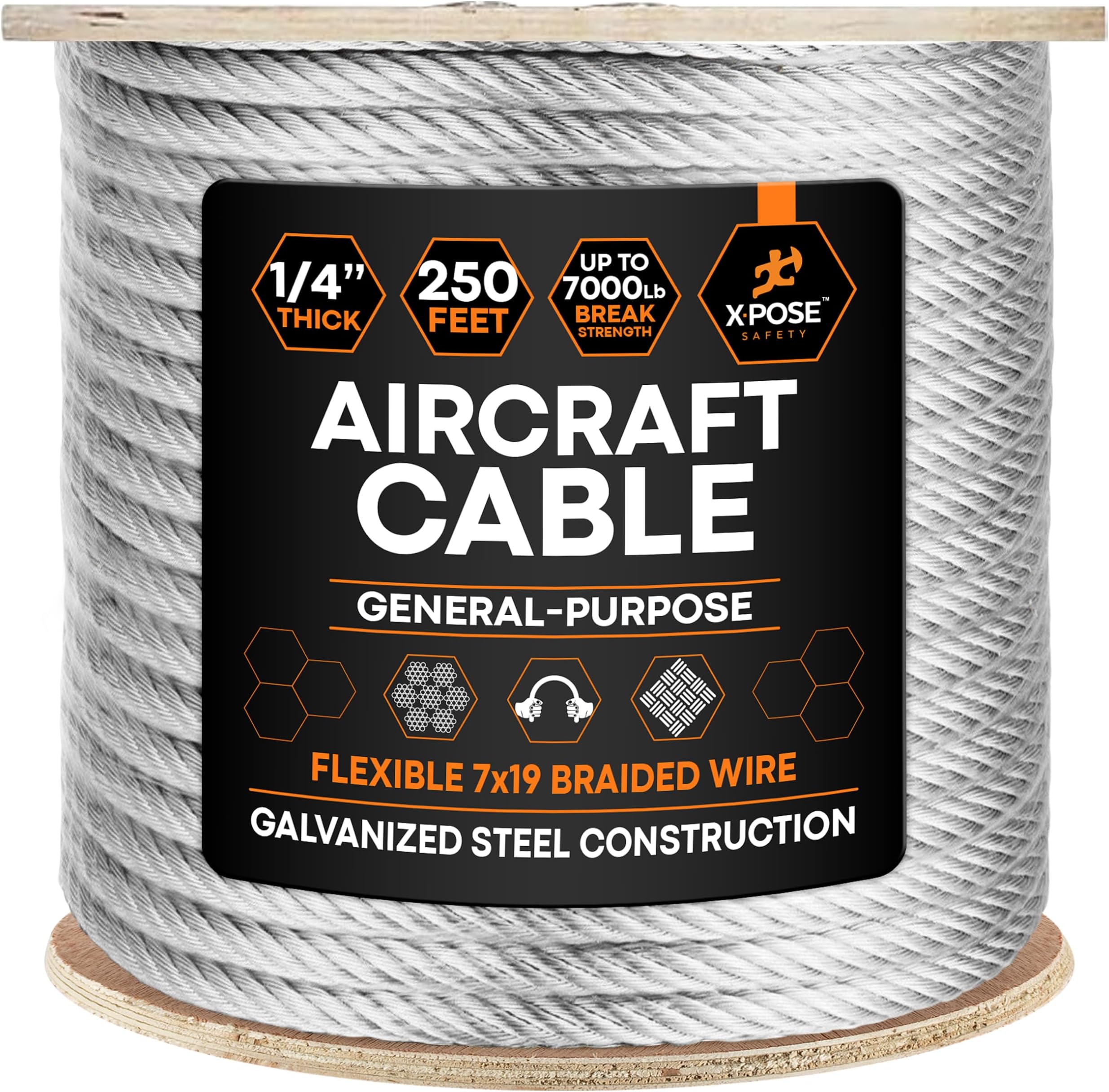 Xpose Safety 1/4" Galvanized Steel Aircraft Cable Wire – 250 ft Reel, 7x19 Strand, 7,000 lb Break Strength – for Pulley System, Winch, Marine, Deck Railing, Fencing, Zipline