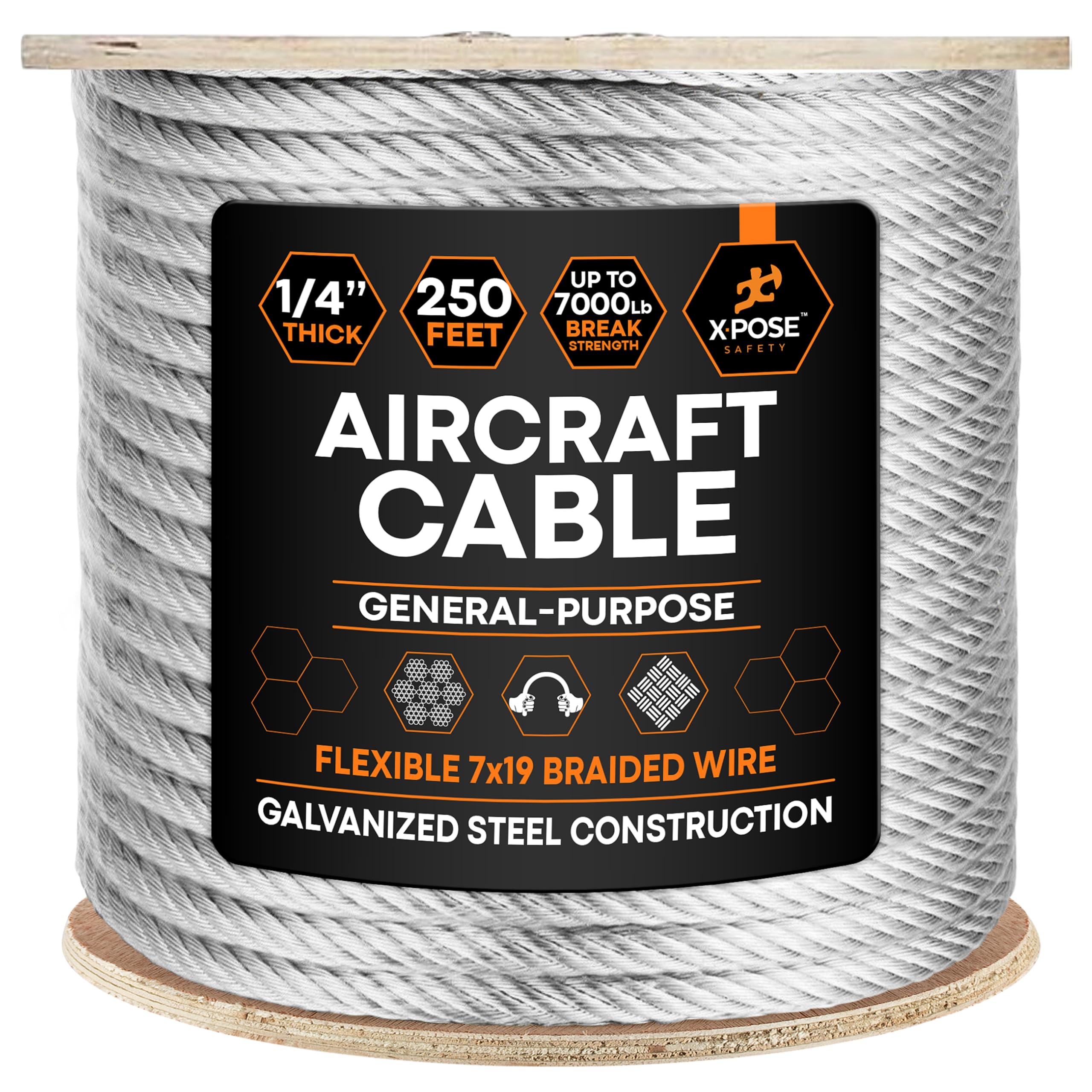 Xpose Safety 1/4" Galvanized Steel Aircraft Cable Wire – 250 ft Reel, 7x19 Strand, 7,000 lb Break Strength – for Pulley System, Winch, Marine, Deck Railing, Fencing, Zipline