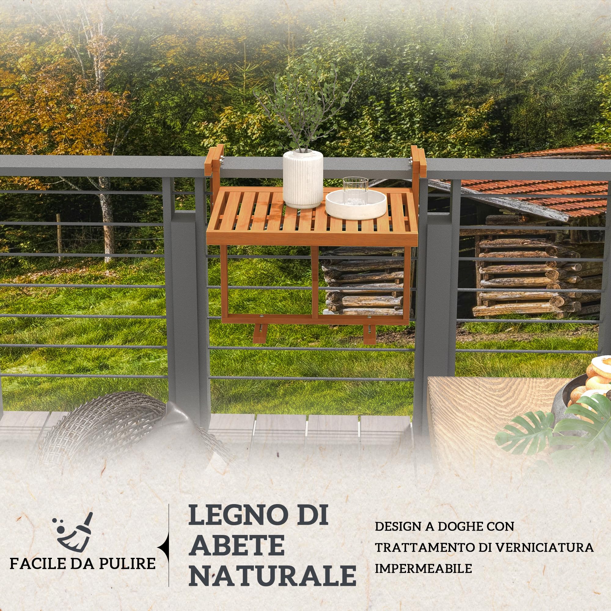 Outsunny Tavolino da Balcone Pieghevole Regolabile in Altezza 40.5-55cm, Legno di Pino, Teak
