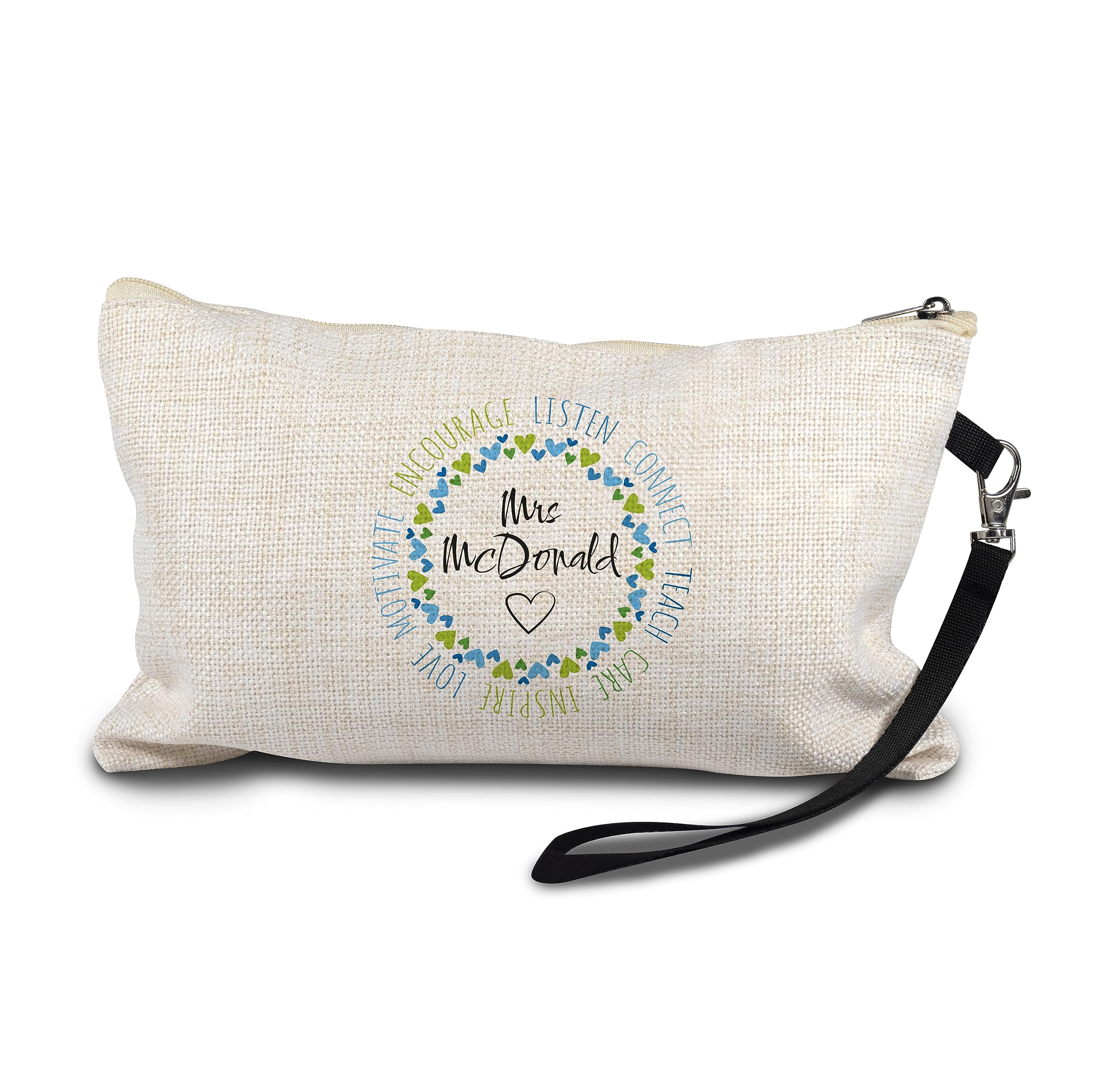 OBSESSO Personalised Large Pencil Case Canvas Teachers Gift School Office Stationary Make Up Organizers Heart Rainbow Bag (Green/Blue Hearts - 2)