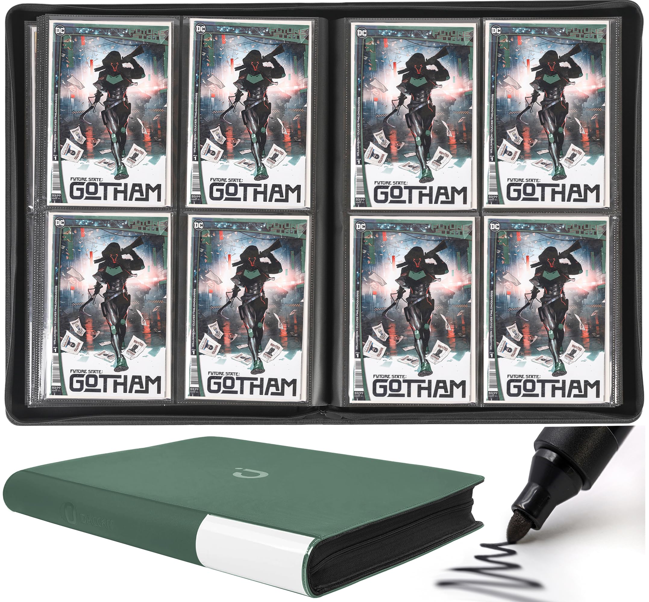 D DACCKIT Premium-Comic-Binder, Comic-Bücher-Album mit Hüllen, passend für normale Comics und Comics, verpackt und mit Karton – Comic-Aufbewahrungsordner für 96 Comic-Bücher (Modell C, Schwarzgrün)