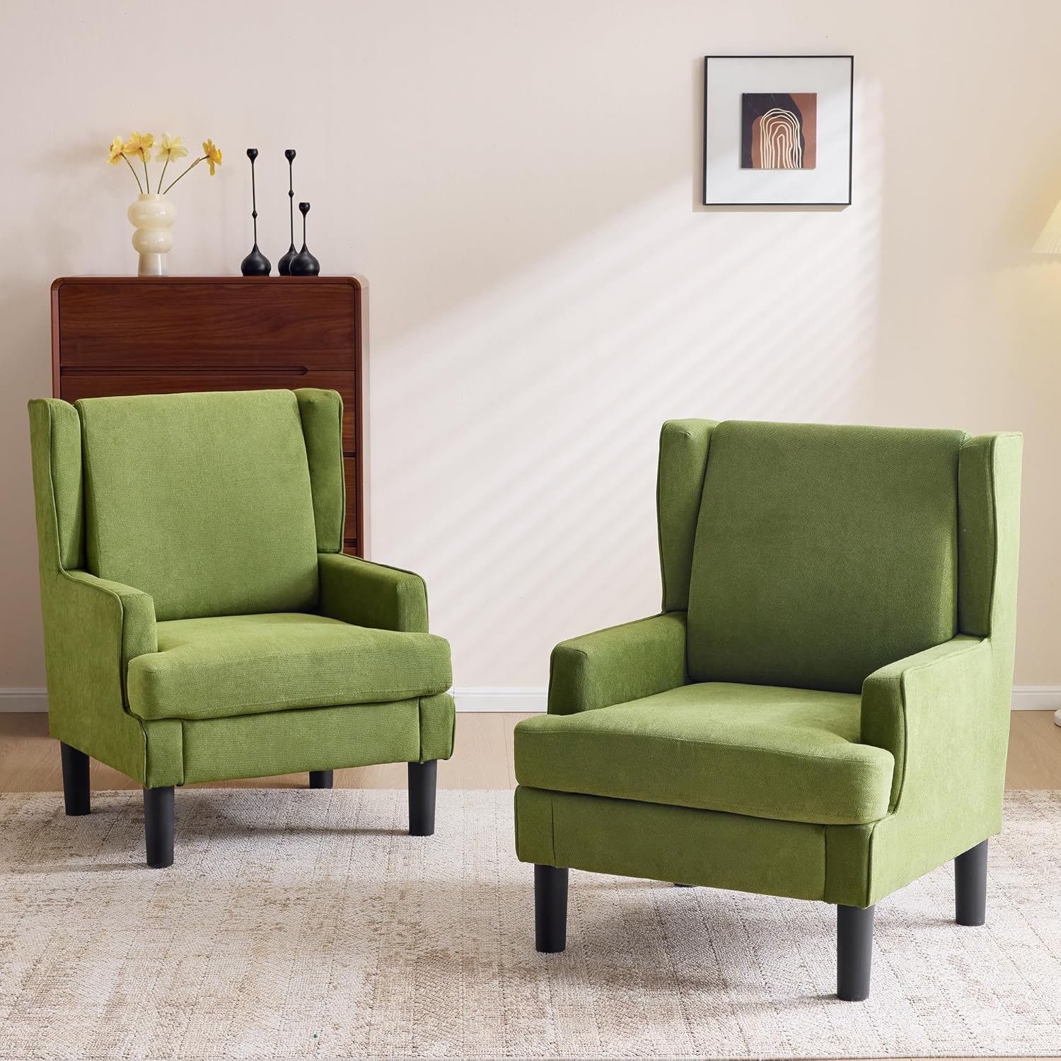 Bezseller Modern Wingback Accent Chair, High Back Upholstered Fabric Armchair with Soft Cushion, Comfy Reading Chair for Living Room, Bedroom, Home Office, Green