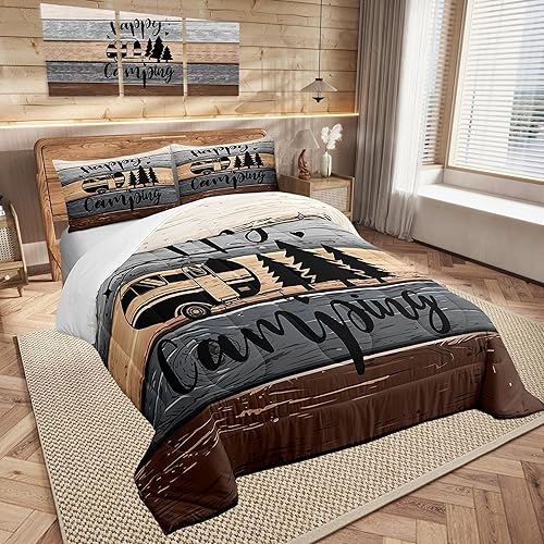 Miniatura 2 de Castle Fairy Juego de edredón vintage con diseño de rayas marrones y grises para niños y niñas, tamaño matrimonial, juego de edredón de microfibra