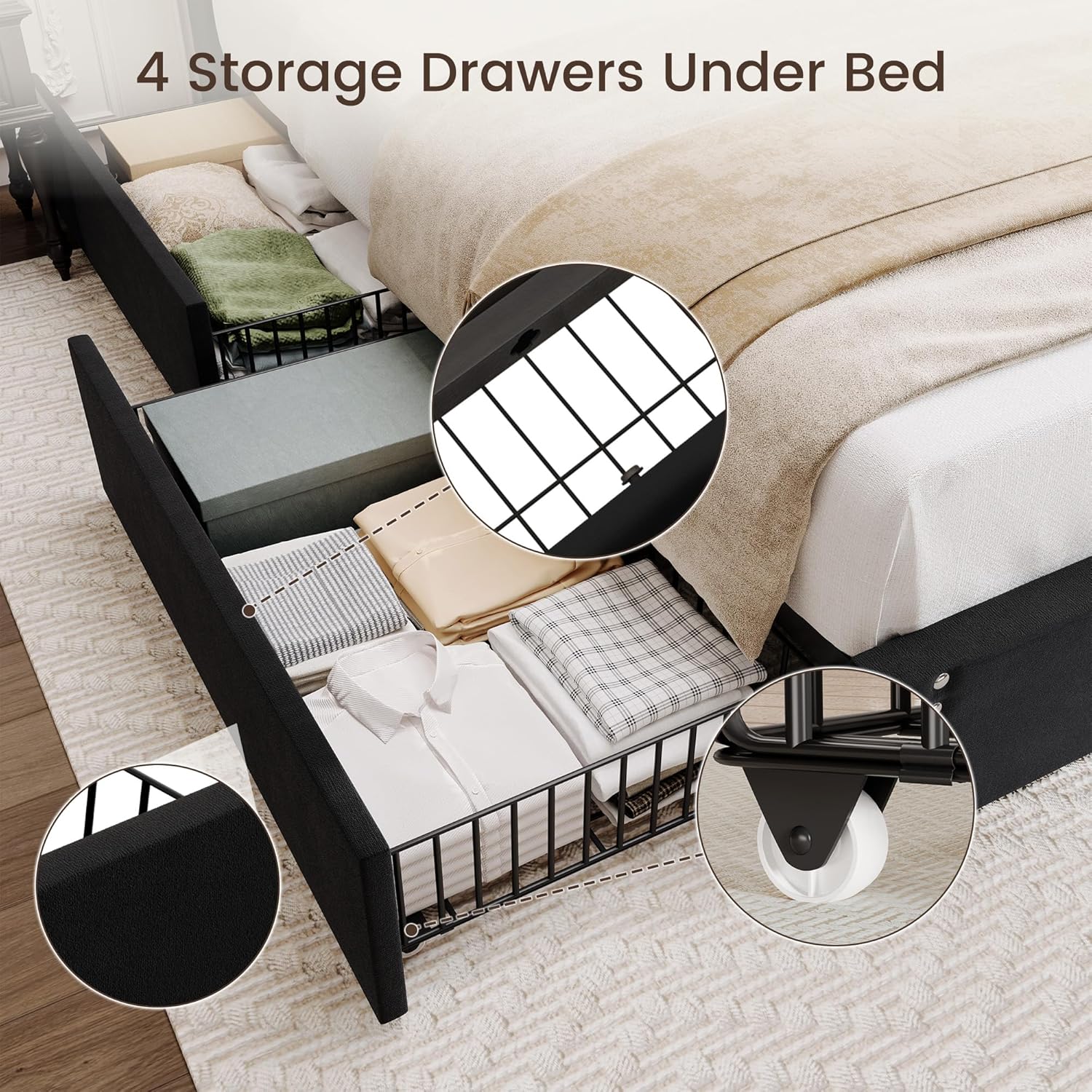 BRELTAM Queen Size Bed Frame with 4 Storage Drawers and Headboard Velvet Upholstered Platform Bed Frame Tufted Bed with Heavy Duty Wood Slats, No Box Spring Needed, Black