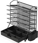 Simple Houseware 6-Tier Mesh Desk File Organizer with Sliding Drawer & Pen Holder - 5 Tilted Letter Trays for A4 Paper, Mail and Documents, Black
