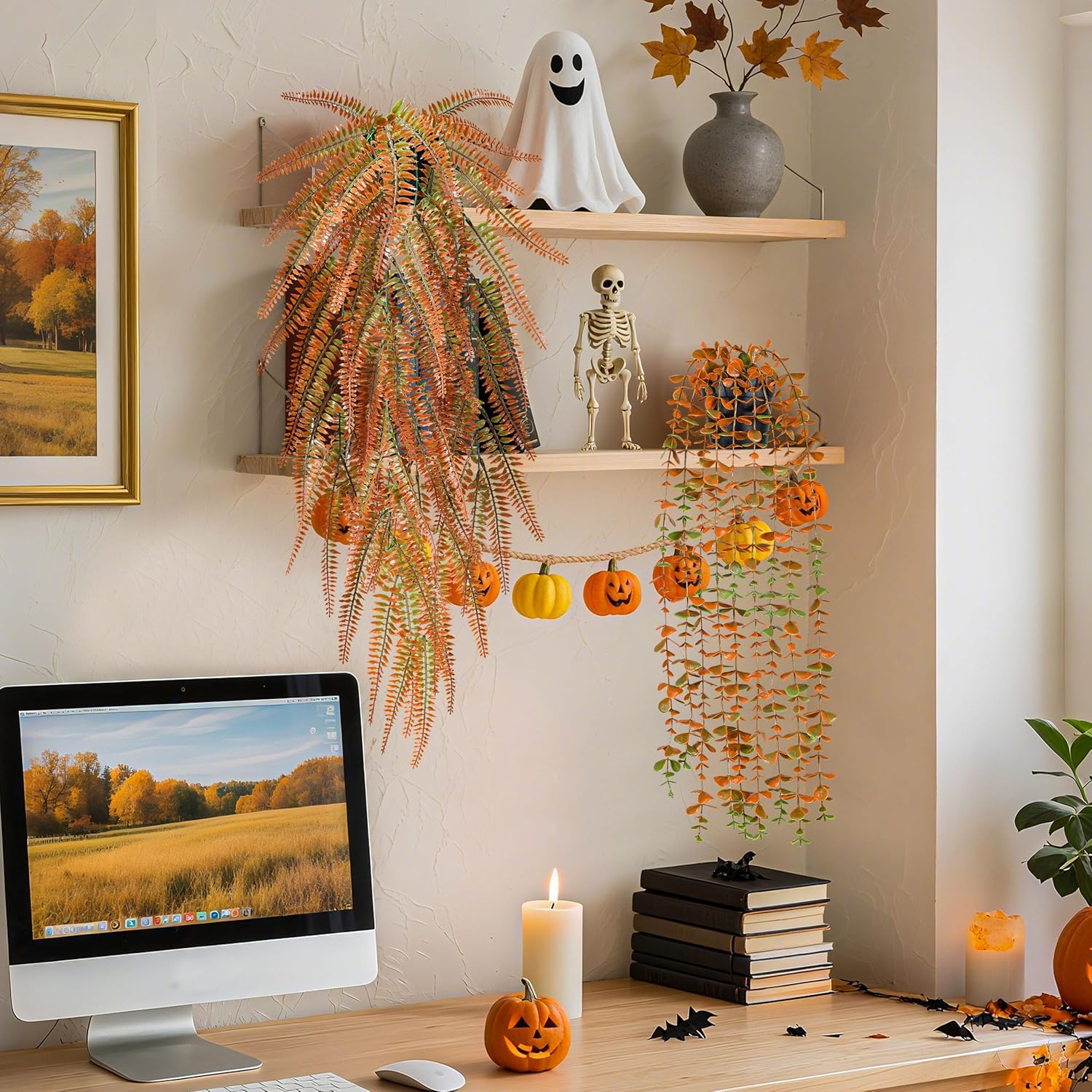 Der Rose 4Pcs Fake Fall Plants Hanging Orange Artificial Eucalyptus Plants, Boston Fern, Fake Potho, String of Pearls for Halloween Bathroom Table Centerpiece Wall Mantle Decor Indoor and Outdoor