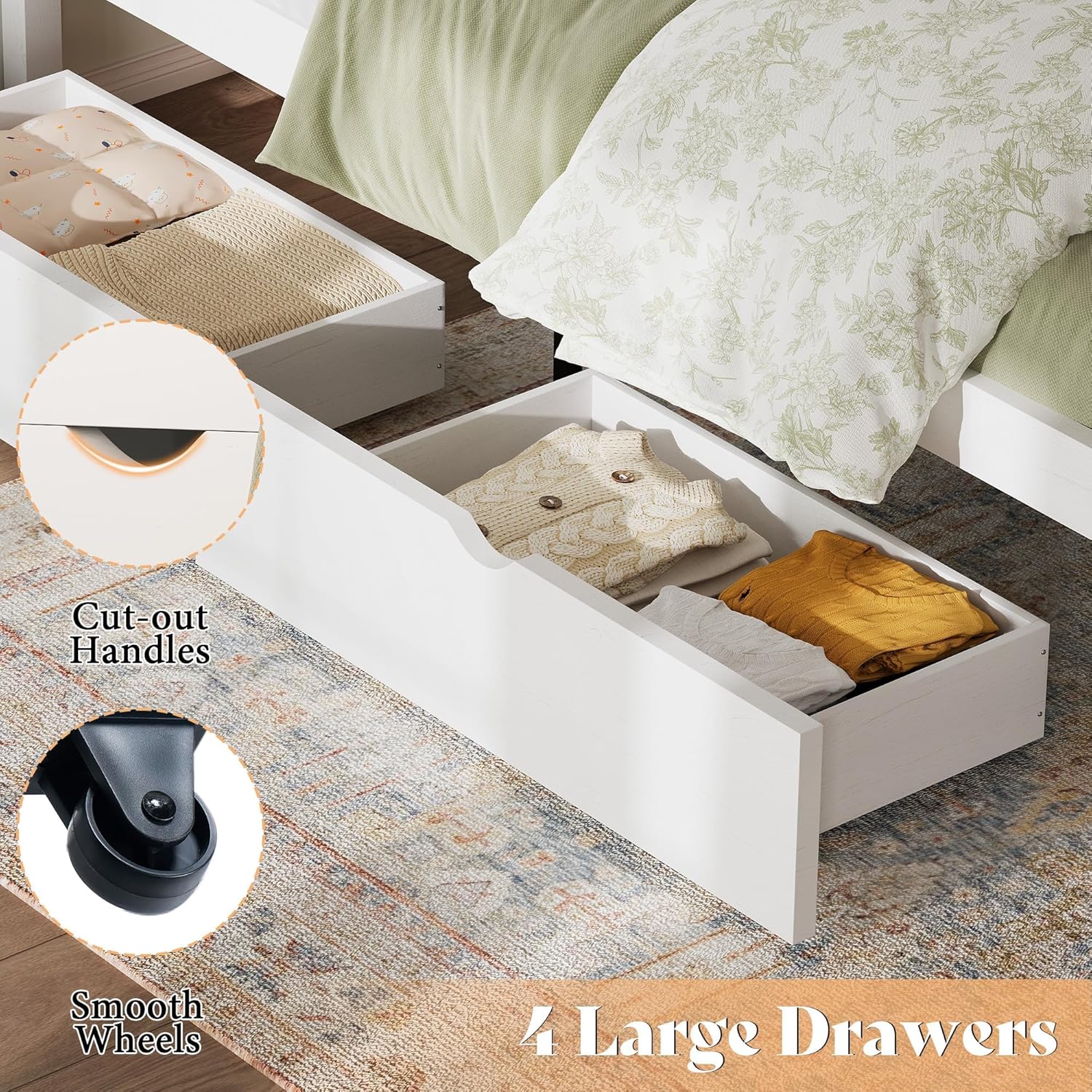 AMERLIFE Twin Bed Frame with Headboard, Platform Beds with 4 Storage Drawers, Wood Slats Support, Wood Bed Frame for Bedroom, White