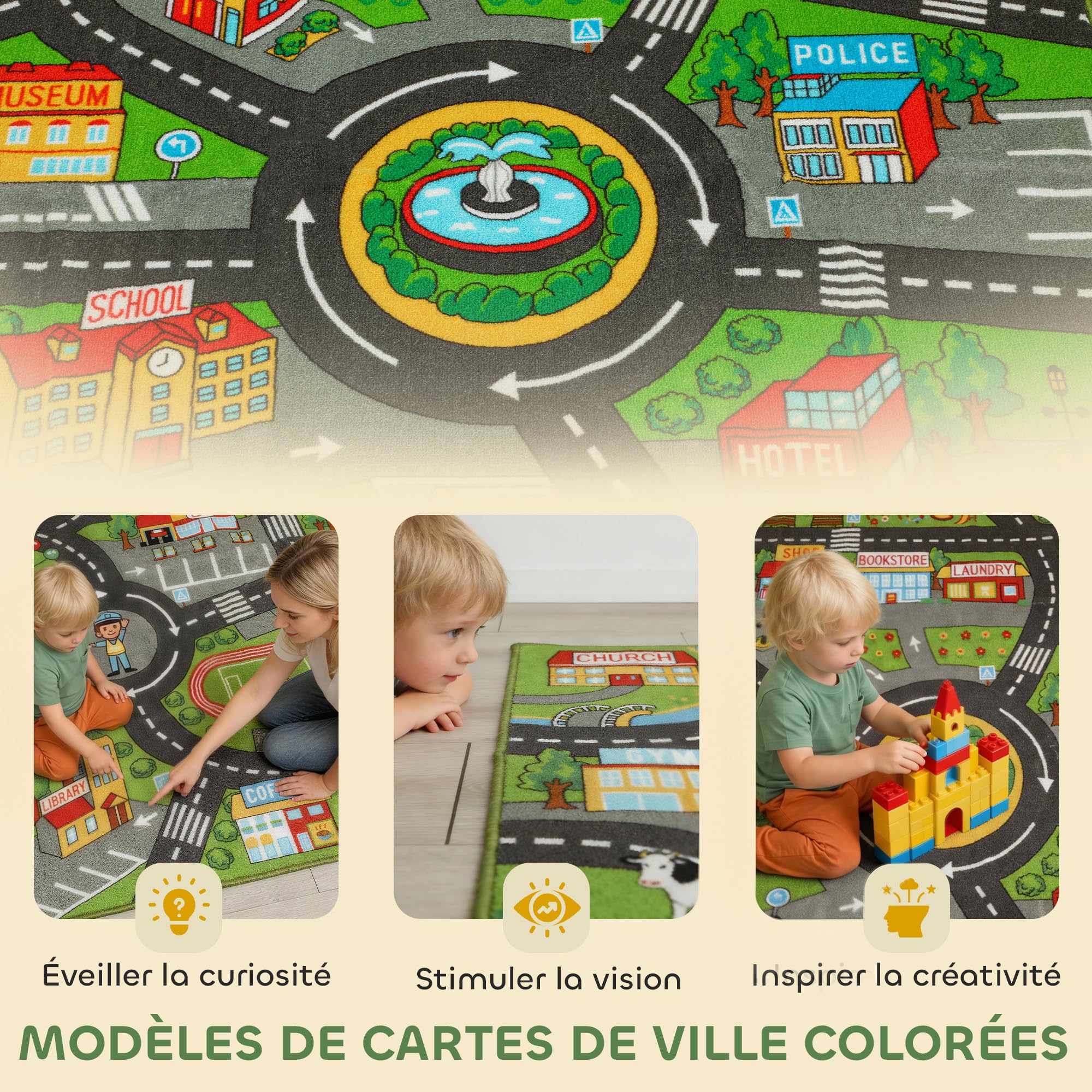 AIYAPLAY Tapis de Jeu pour Bébé 200 x 150 cm Tapis de Sol Antidérapant | Motif de Route de la Ville, Favorisant le Développement Sensoriel, Ramper et Jouer, Chambre, Salon