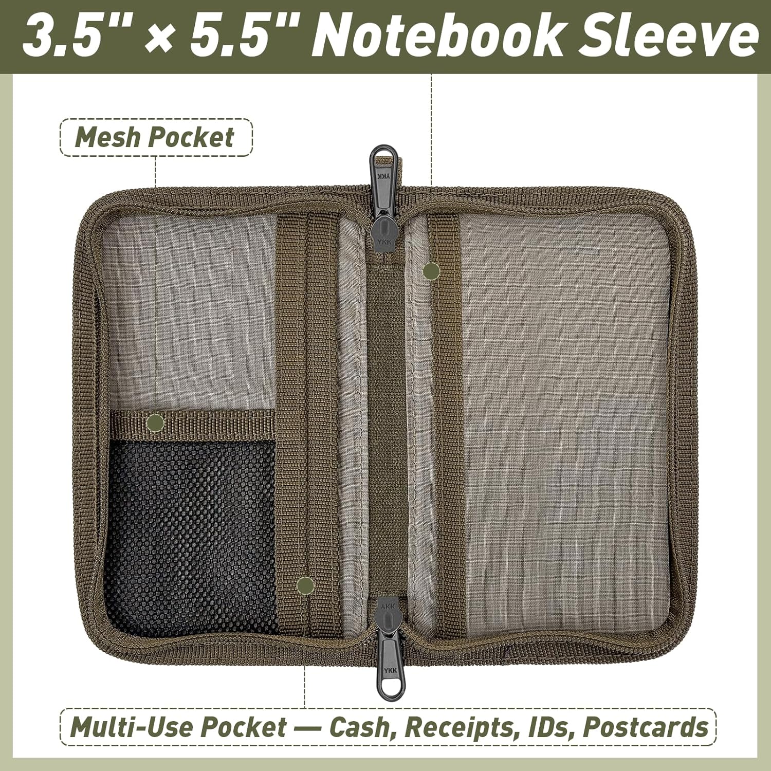 Journal Cover for Field Notes & Moleskine Cahier with YKK Zipper, 3.5x5.5 Waxed Canvas Notebook Cover with Pen Holder, Water Resistant Travel Planner Cover for Daily Use