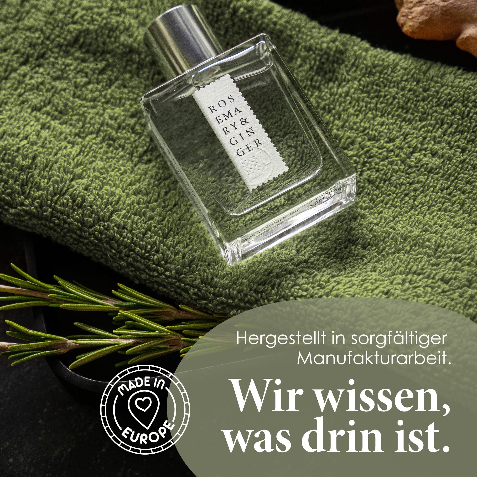 Jean & Len Rosemary & Ginger Eau de Parfum, korzenno-świeży zapach rozmarynu i imbiru, wyprodukowano w manufakturze, minimalistyczna szklana butelka, perfumy dla kobiet i mężczyzn, 50 ml | Świeży zapach rozmarynu i imbiru, wyprodukowany w manufakturze, mi