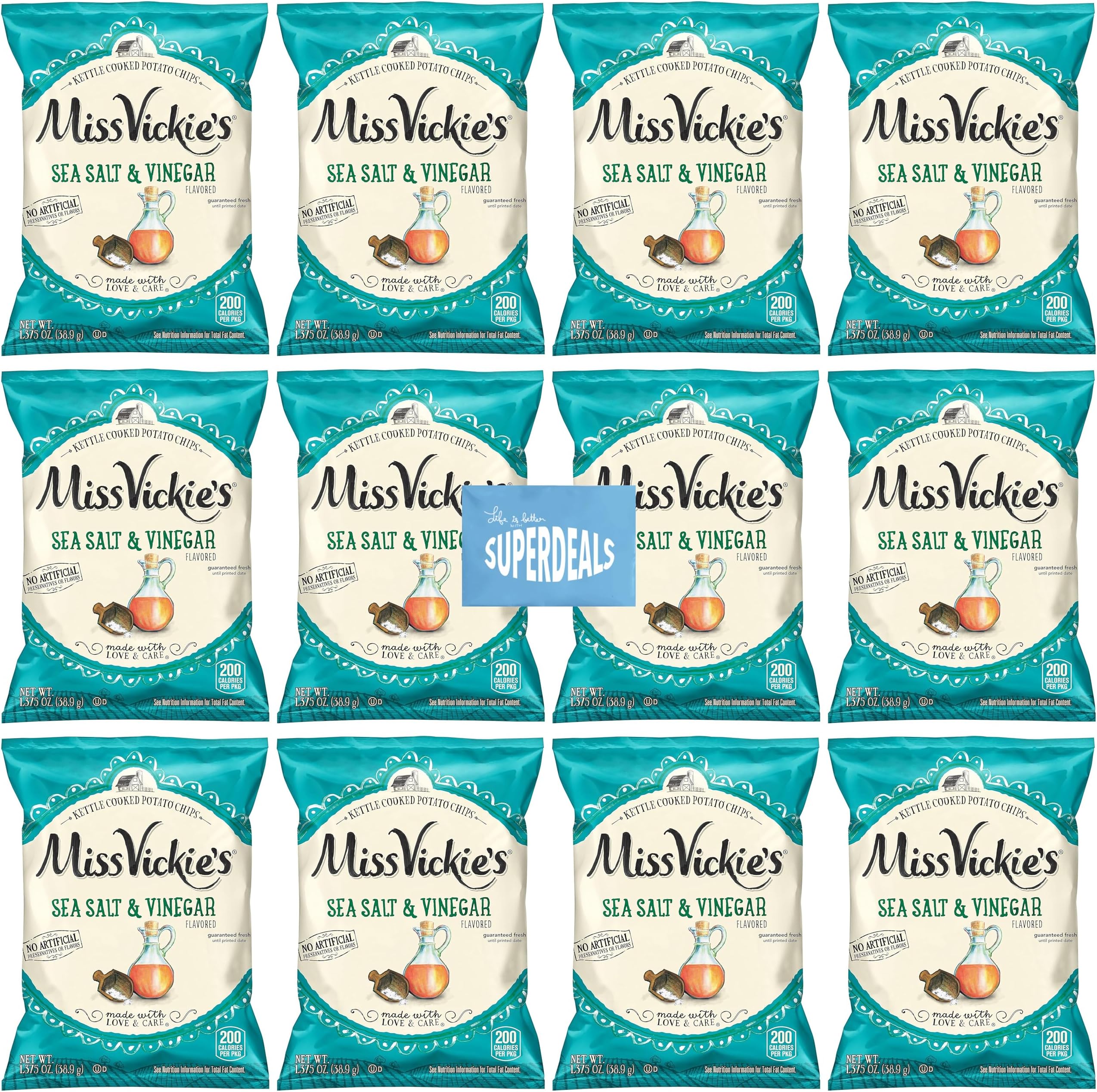 Kettle Cooked Potato Chips by Miss Vickie's Value Pack Bundled by SUPERDEALS | 1.375 Oz Bag | Sea Salt & Vinegar | Pack of 12 with mystery bonus gift