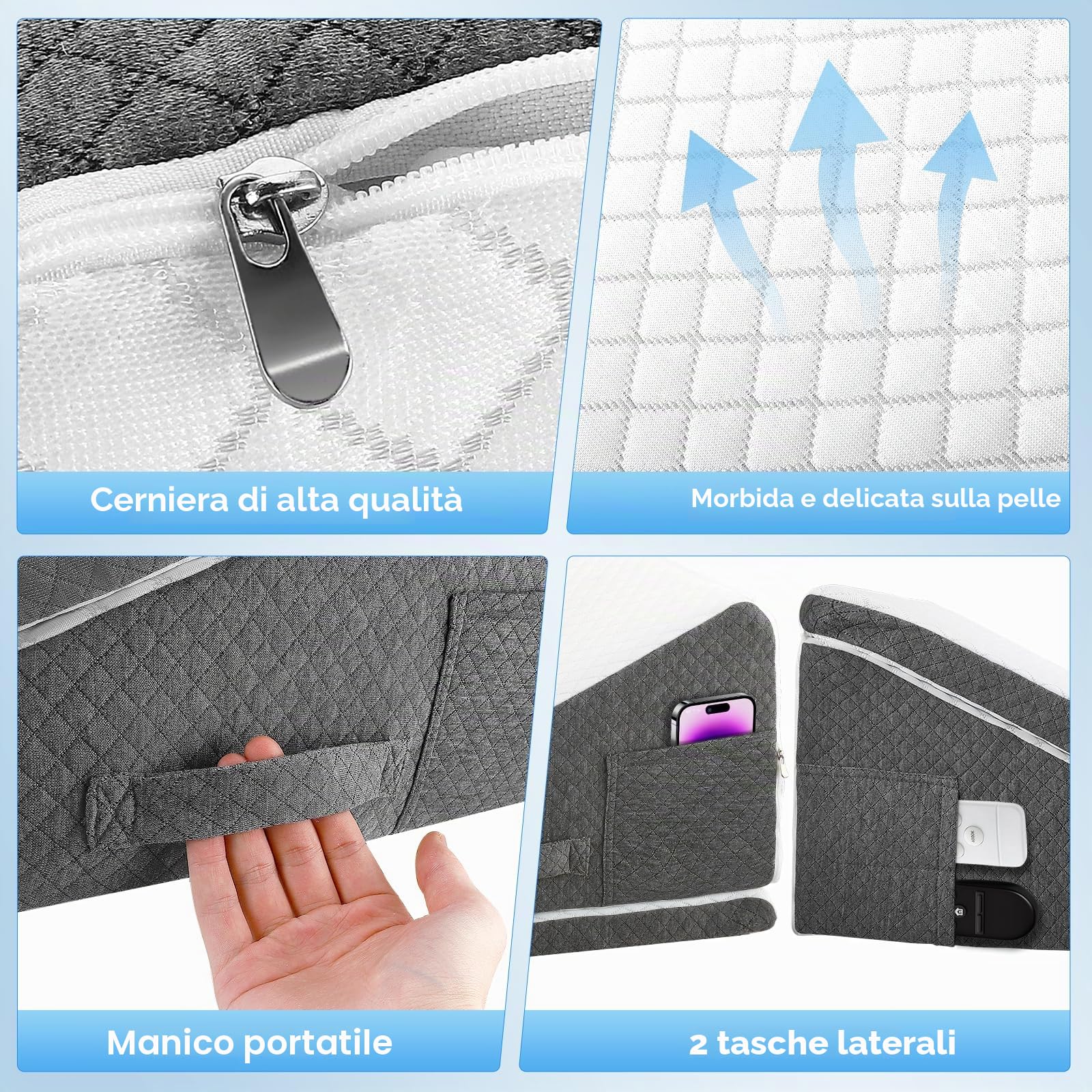 Cuscino a cuneo per letto e divano, L50 x 50 x 26 doppio cuscino da lettura con rivestimento lavabile, memory foam, in caso di russare e per un maggiore comfort sul collo e sulla schiena