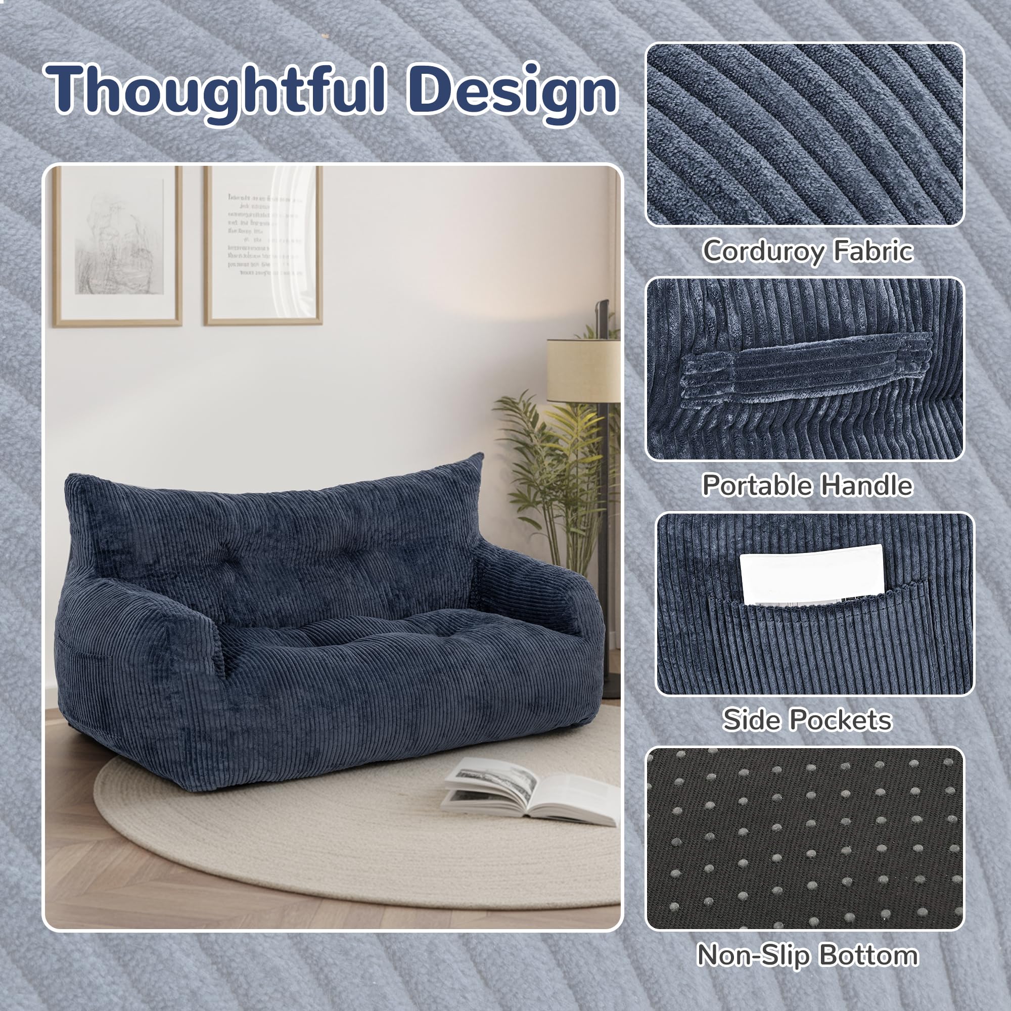 Pamapic Pouf pour Adulte avec Rembourrage, Double Fauteuil de Salon avec poignée Portable, Ergonomique, Moderne, pour Salon, Chambre à Coucher, Salle de Jeux, Bleu