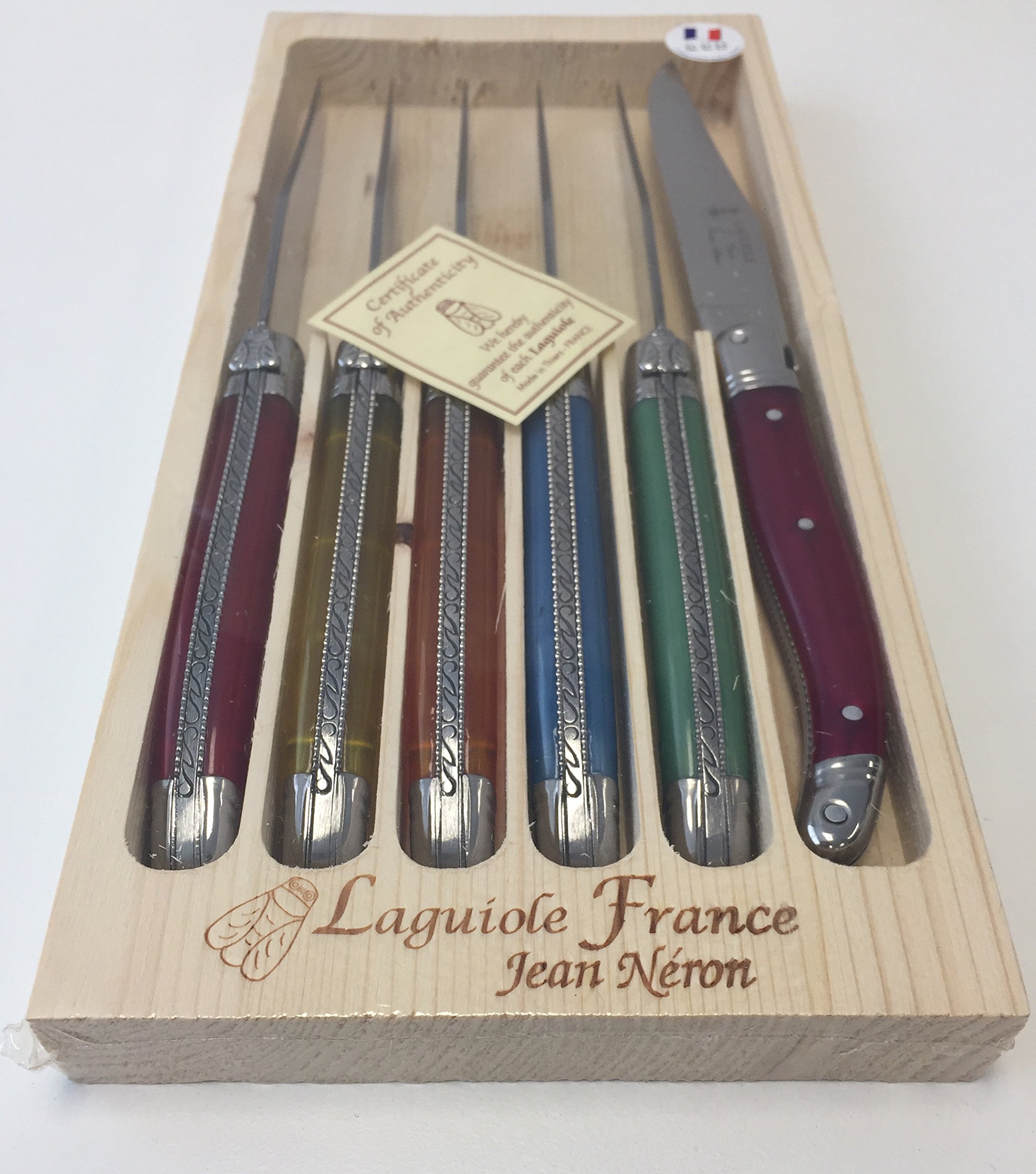Neron Coutellerie Laguiole 6 Piece Set Steak Knives with Flash Color and Hand Carved Plated Handle in Wooden Box by Jean Neron