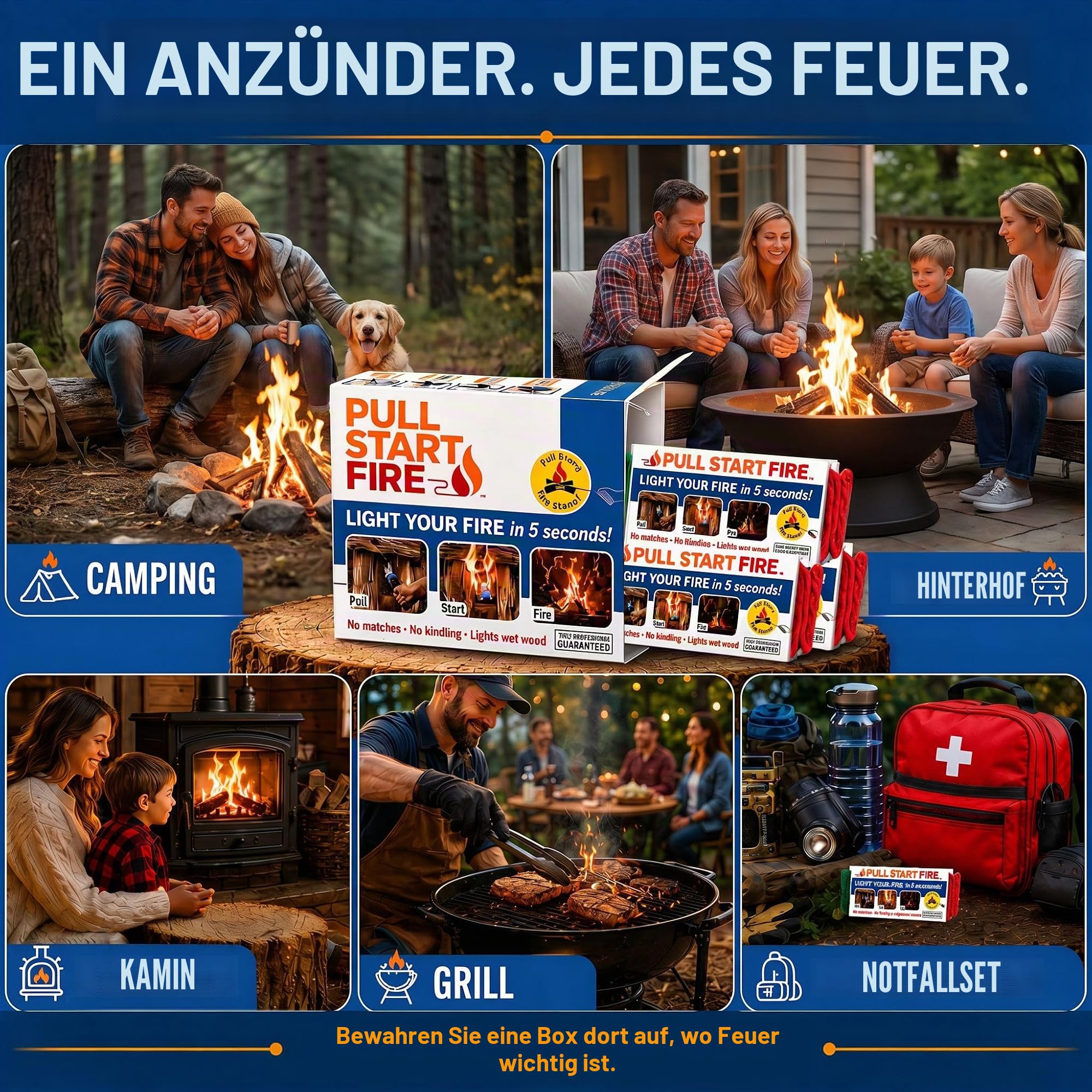 Pull Start Fire 30 Stück Anzünder für drinnen und draußen oder Camping, wetterfest