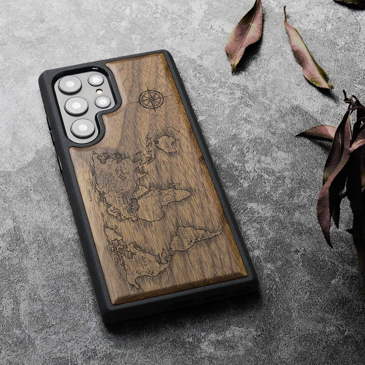 Carveit Wood Case for Galaxy S24 Ultra [Natural Wood & Black Soft TPU] Shockproof Protective Cover Unique Wooden Design Compatible with Samsung S24 Ultra (Compass Maps-Walnut)
