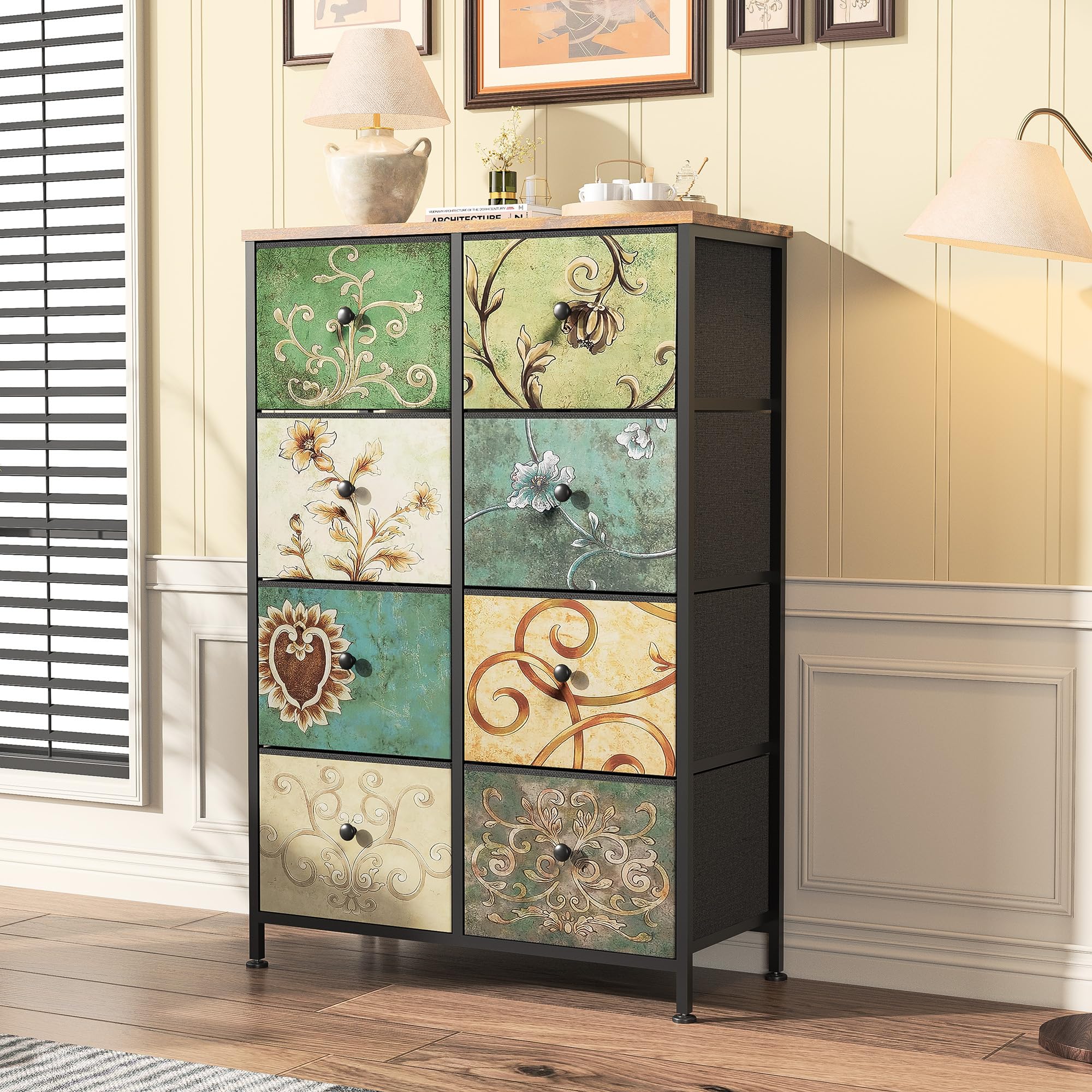 Cómoda con 8 Cajones de Tela,Cómoda para Dormitorio,Unidad de Almacenamiento,Armario de Tocador Bohemio,Cajonera Industrial con Estructura Metálica,para Salón,Pasillo,Estilo Rústico