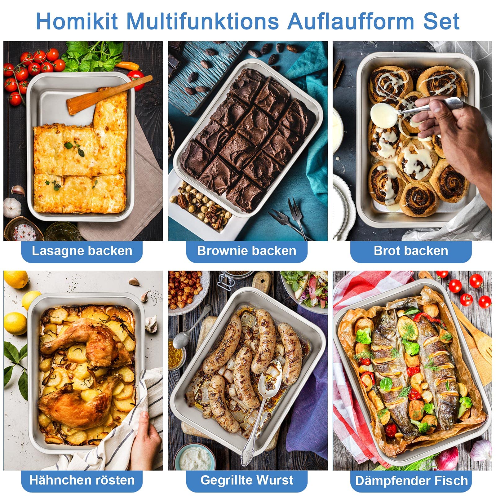 Homikit Auflaufform Set, Edelstahl Rechteckig Kuchenform Backform Tiramisu Form 2er Set, Ofenform Groß 32,5 x 25,5 x 8 cm, Perfekt für Lasagne/Mäser/Brownie, Hitzebeständig & spülmaschinengeeignet