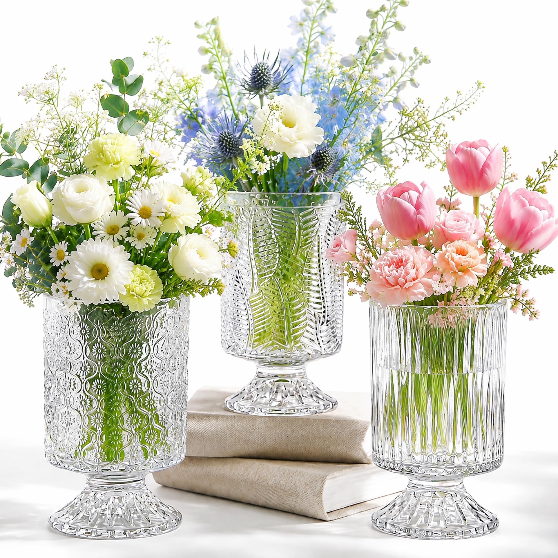 3 Pack Flower Vases for Centerpieces, Vintage Glass Pedestal Vase Set, Decorative Embossed Big Base Vase, Clear Hurricane Candle Holder, Medium Cylinder Vase for Wedding, Home, Party, Office