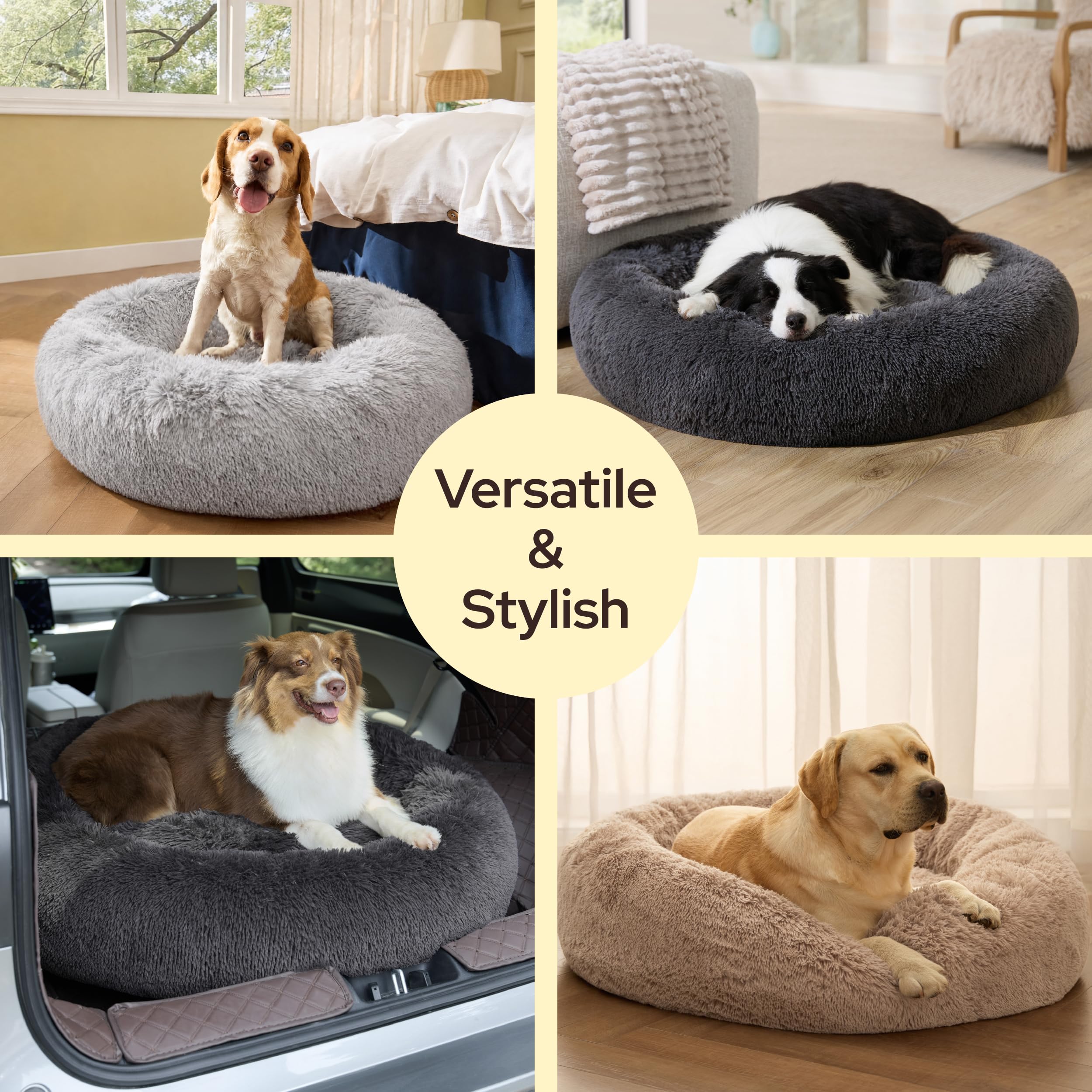 BEDSURE SupportMax™ Hundebett Mittelgroße Hunde Waschbar Flauschig, 80cm | Plüsch Donut Hundekorb mit Abnehmbarem und Waschbarem Bezug, Körbchen Hund mit Rutschfester Boden, Grau