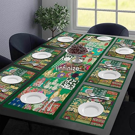 iinfinize Table Runner Bowl Mat Patchwork Cotton Dinning Table Mat Weeding Event Placemat Long Table Cloth Traditional Kambadiya 6 Pcs Mat 1 Runner Home Decor Table Runner Mat (Green)