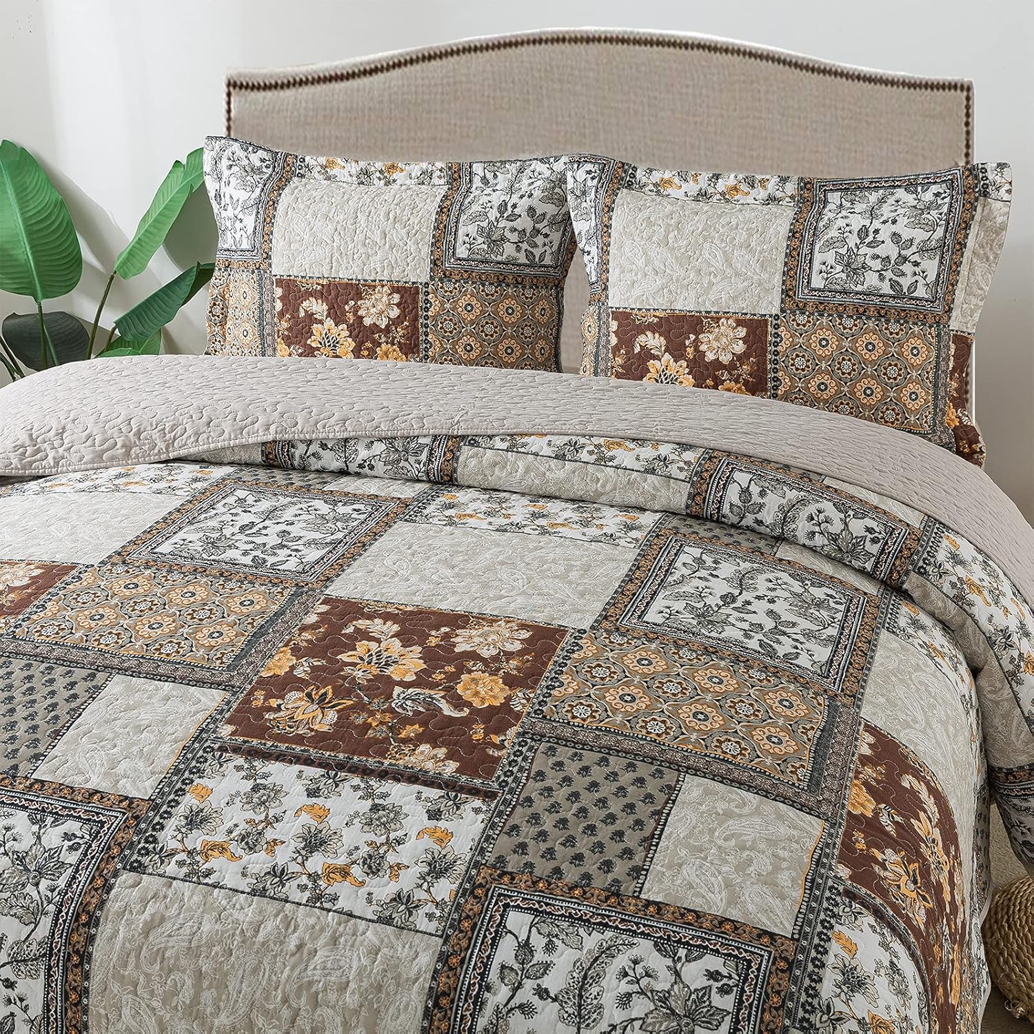 NEWLAKE Cotton Bedspread Quilt Sets-Reversible Patchwork Coverlet Set, Chic Floral Paisley Pattern, Queen Size