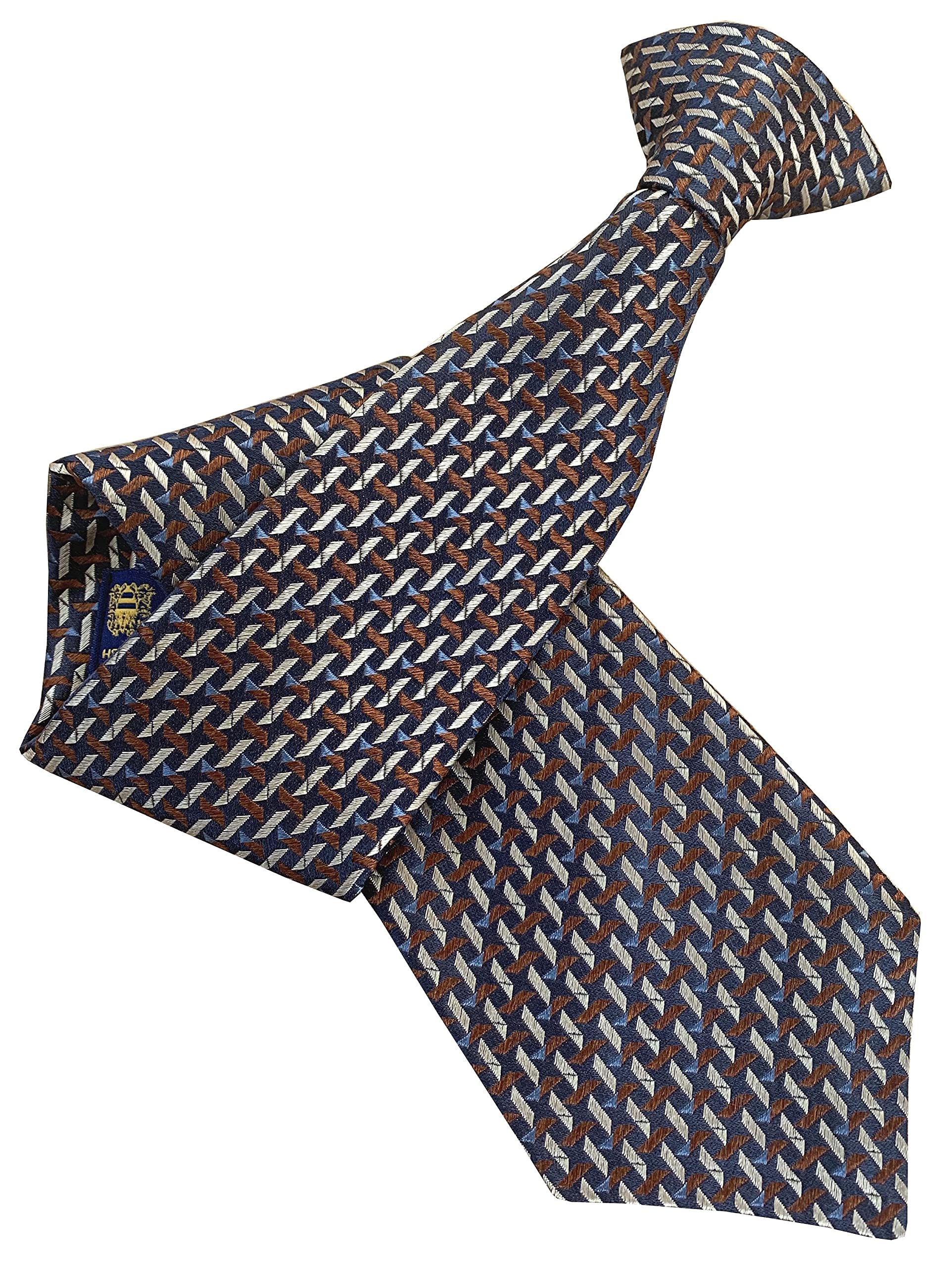 Silk Navy Blue, Brown & Cream Geometric Pattern Clip On Tie