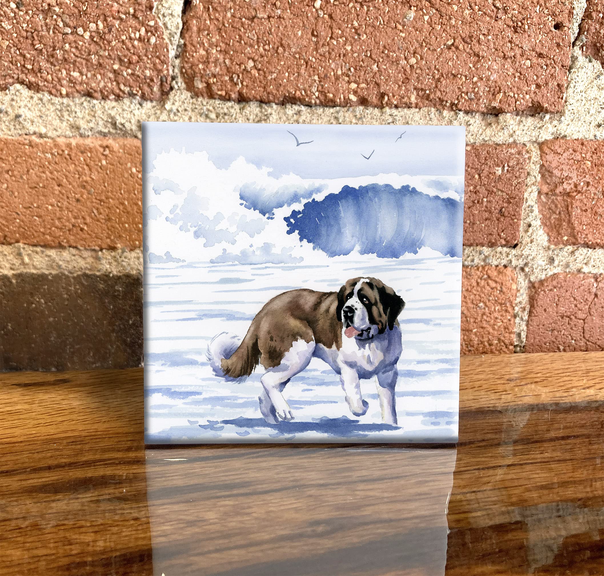 Saint Bernard at The Beach Watercolor Dog Art Decorative Tile (6 X 6 Framed)
