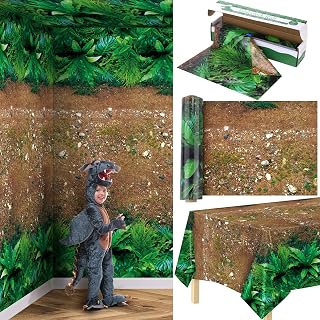 1 Roll 100 Ft x 54 Inch Forest Path Plastic Tablecloth Roll Safari Dinosaur Jungle Table Cover with Cutter Box for Birthday Baby Shower Party Supplies