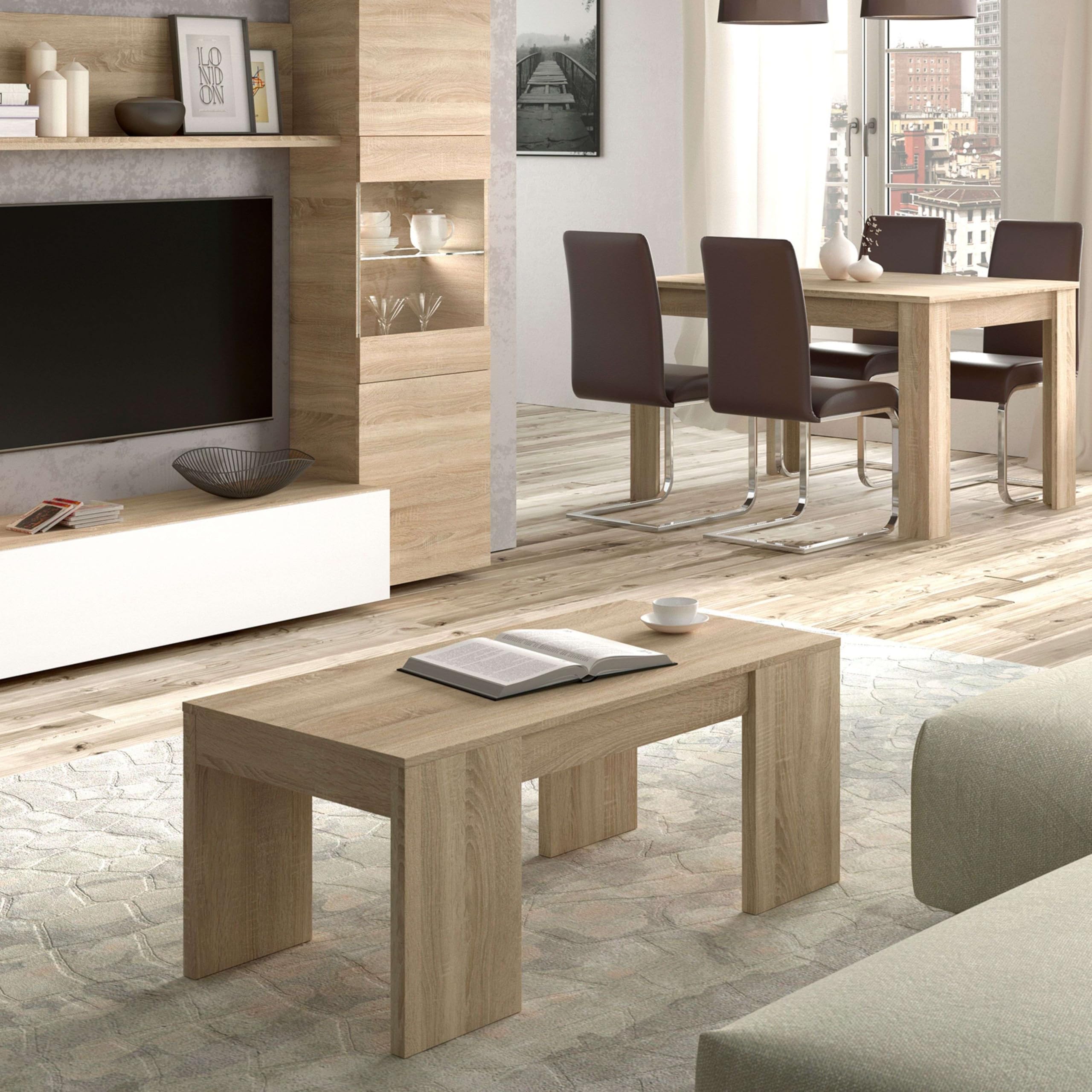 Habitdesign - Mesa de Centro Elevable Kendra, Mesita Auxiliar de Salón o Comedor con Almacenaje Interior, Roble Canadian, Medidas: 100x50x45-56 cm
