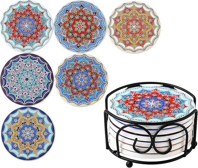 LOVECASA Ceramiczne podstawki z korkiem chłonny kamień Boże Narodzenie mata na kubek do kawy napoje, wielokolorowe podstawki z uchwytem, styl mandala-6 szt., 10 cm
