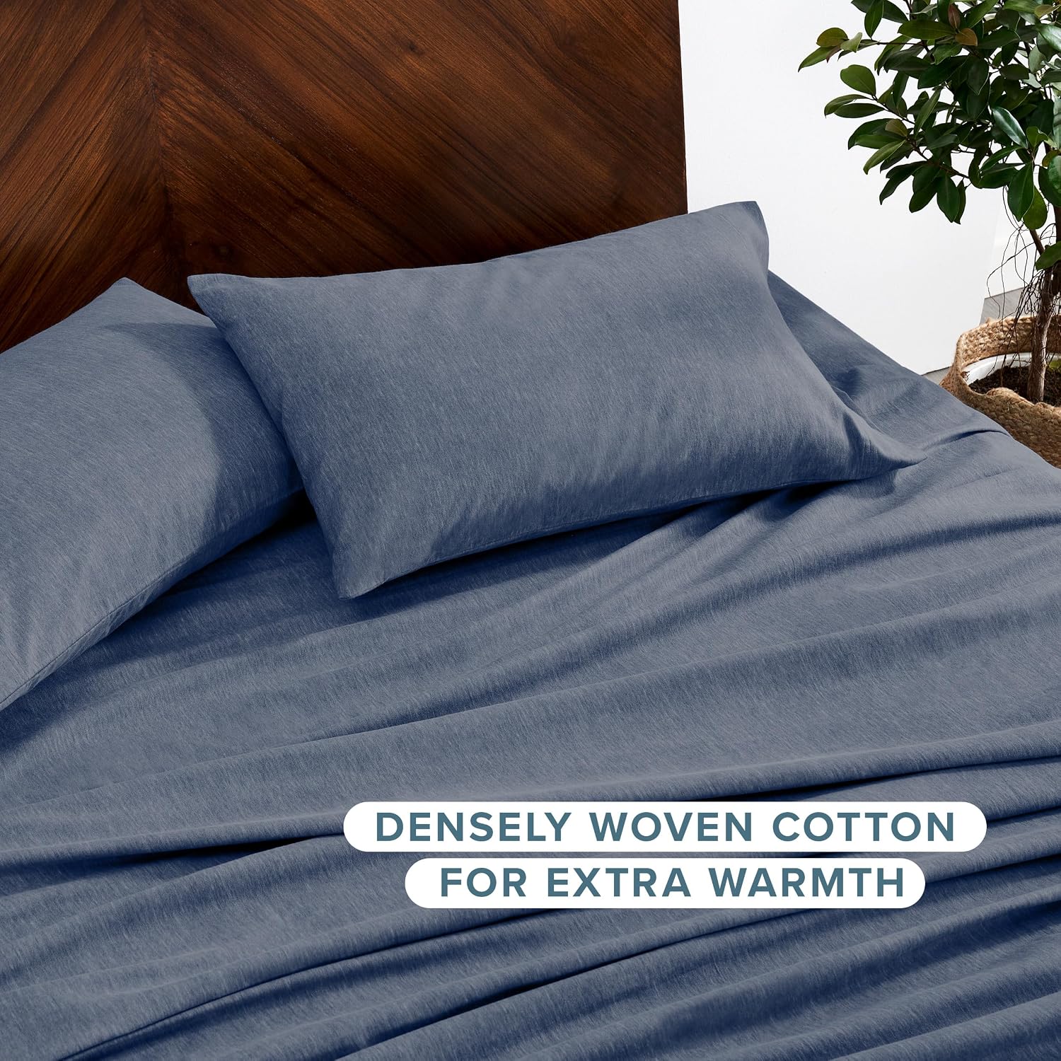 Bare Home Flannel Sheet Set 100% Cotton, Velvety Soft Heavyweight - Double Brushed Flannel - Deep Pocket (Queen, Heathered Indigo)