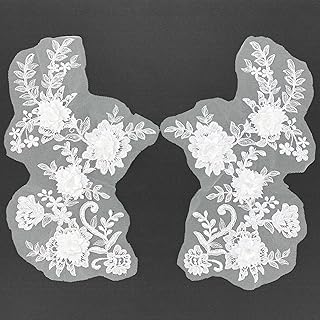 BETITETO Flower Embroidered Lace Appliques 1 Pair 3D White Floral Embroidery Sew on Patches for Wedding Dress Gown Clothing Bodice Craft DIY