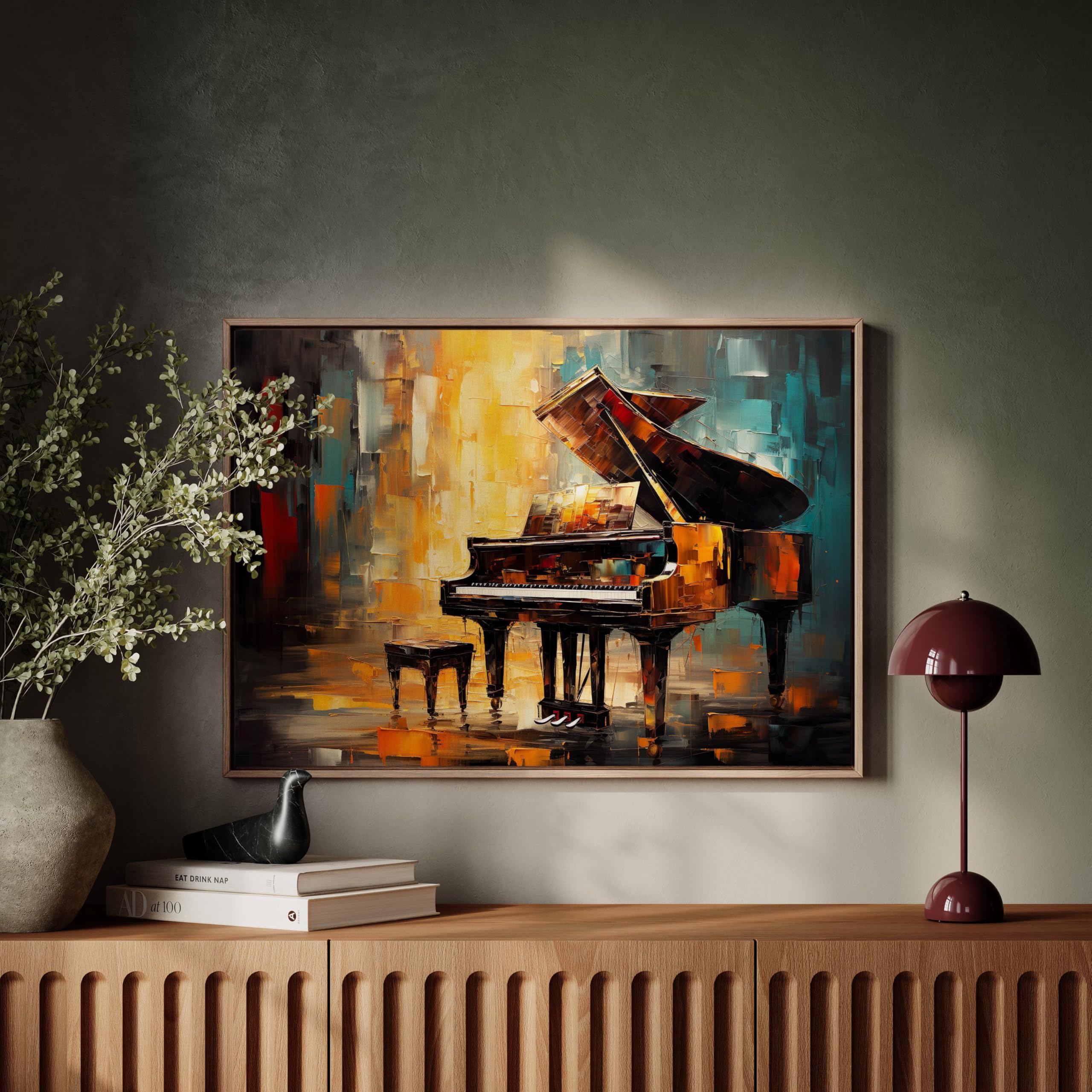 Quadro astratto su tela con pianoforte, arte del pianoforte, per musicisti, opere d'arte per pianisti, arte del pianoforte a coda, immagini, dipinto artistico musicale (40x60 cm/cornice interna)
