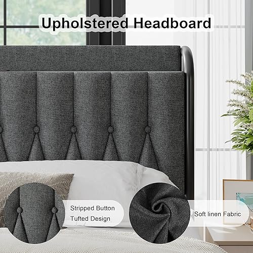 Miniatura 5 de Feonase Base de cama Queen con puerto tipo C y USB, camas de plataforma de metal, con cabecera y estribo tapizados de terciopelo, espacio de