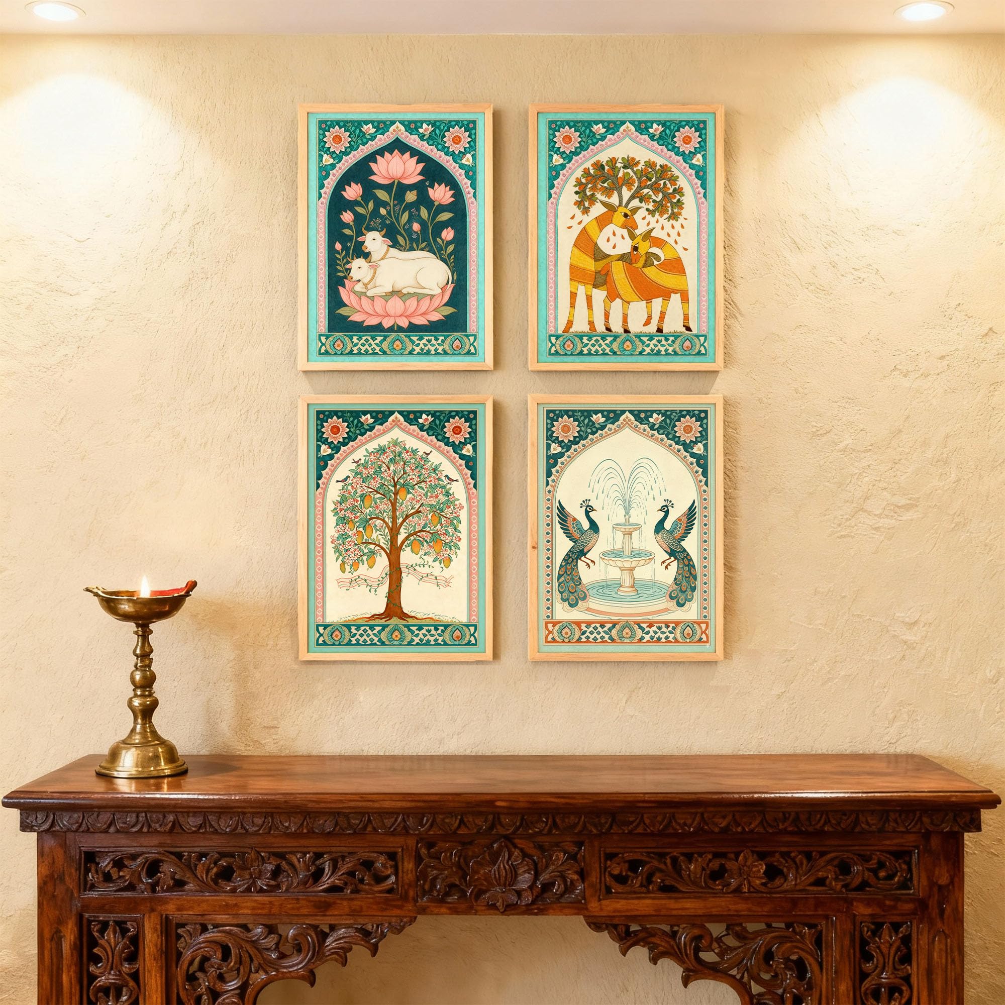 SoulAbiti Cow Deer Tree Peacock Nature Harmony Framed Wall Paintings Set of 4 Traditional Indian Folk Madhubani Art for Wall Decor Ethnic Decoration for Living Room, Bedroom & Home A4 Size 10x13 Inch Light Brown Frame Plexi Glass 1