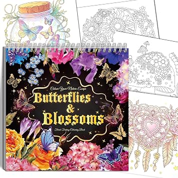 Elfew Women Colouring Books for Adult, 35 Pages Mindfulness Butterfly & Flower Design for Adult Stress Relief and Relaxation, Colouring Books for Women, Spiral Bound Colouring 21.5x21.5CM