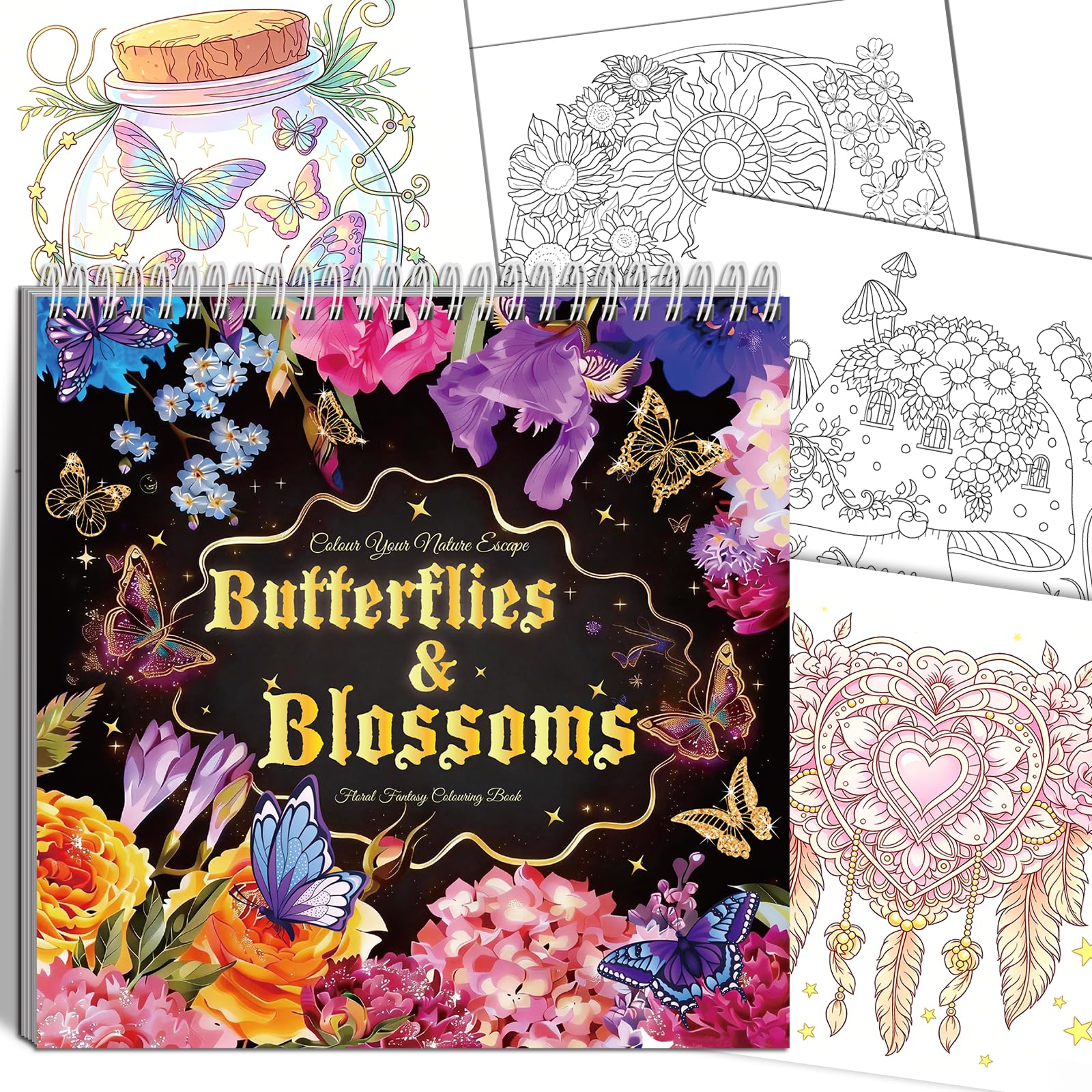 Elfew Women Colouring Books for Adult, 35 Pages Mindfulness Butterfly & Flower Design for Adult Stress Relief and Relaxation, Colouring Books for Women, Spiral Bound Colouring (21.5x21.5CM) โ image 1