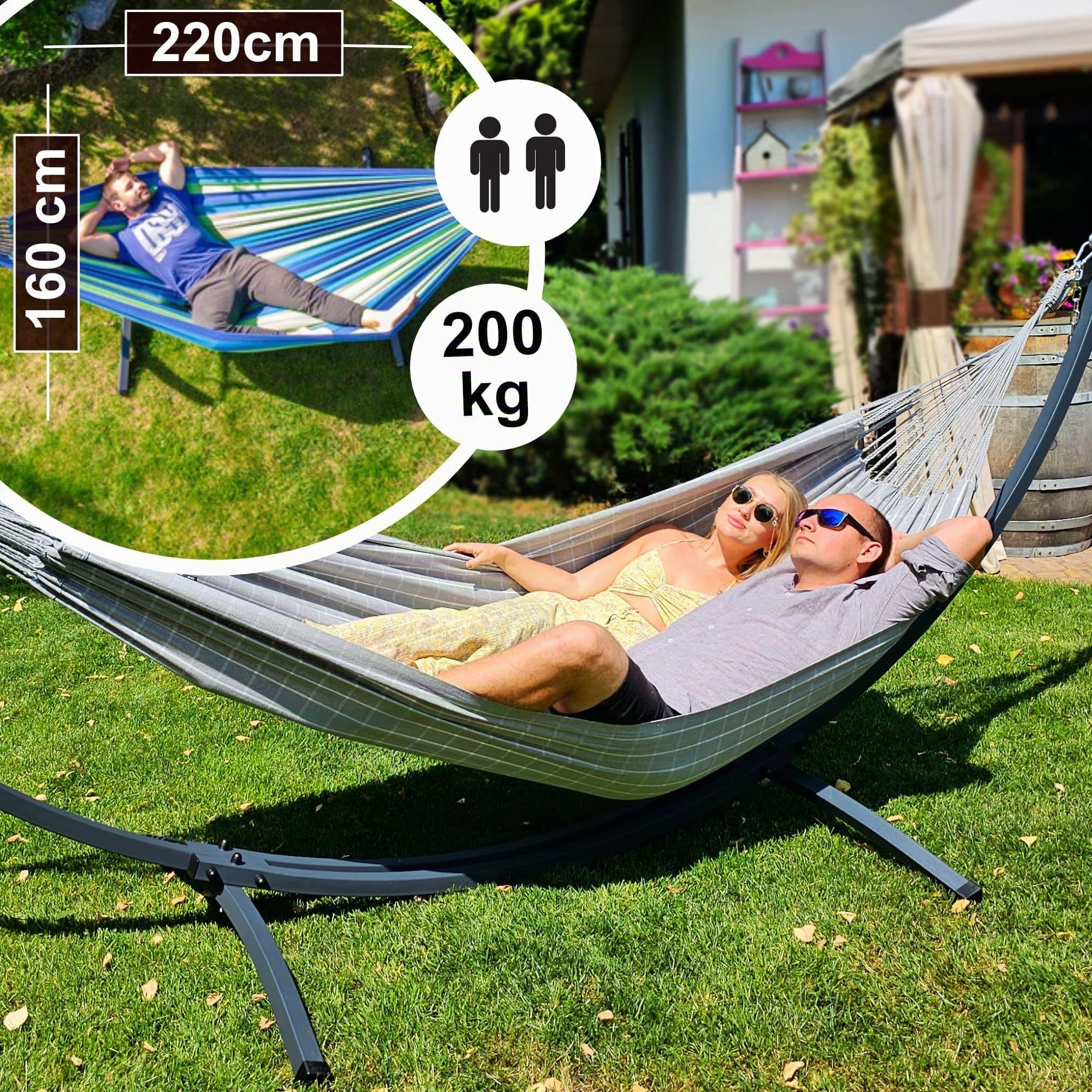 Potenza Outdoor Hängematte mit Gestell Metall für 2 Personen I Catargo - Baumwolle Doppelhängematte XXL 220x160cm, 220kg I Hängemattengestell 220kg, wetterfest (Grau, Basic Gestell Graphit)