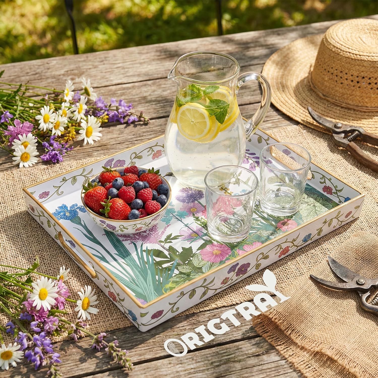 Serving Tray with Handles, Rectangular Plastic Tray 15.75x11.81 Inch, Wildflower, Butterflies & Hummingbirds Style Decorative Tray for Kitchen, Dining Table, Vanity, Office & Home