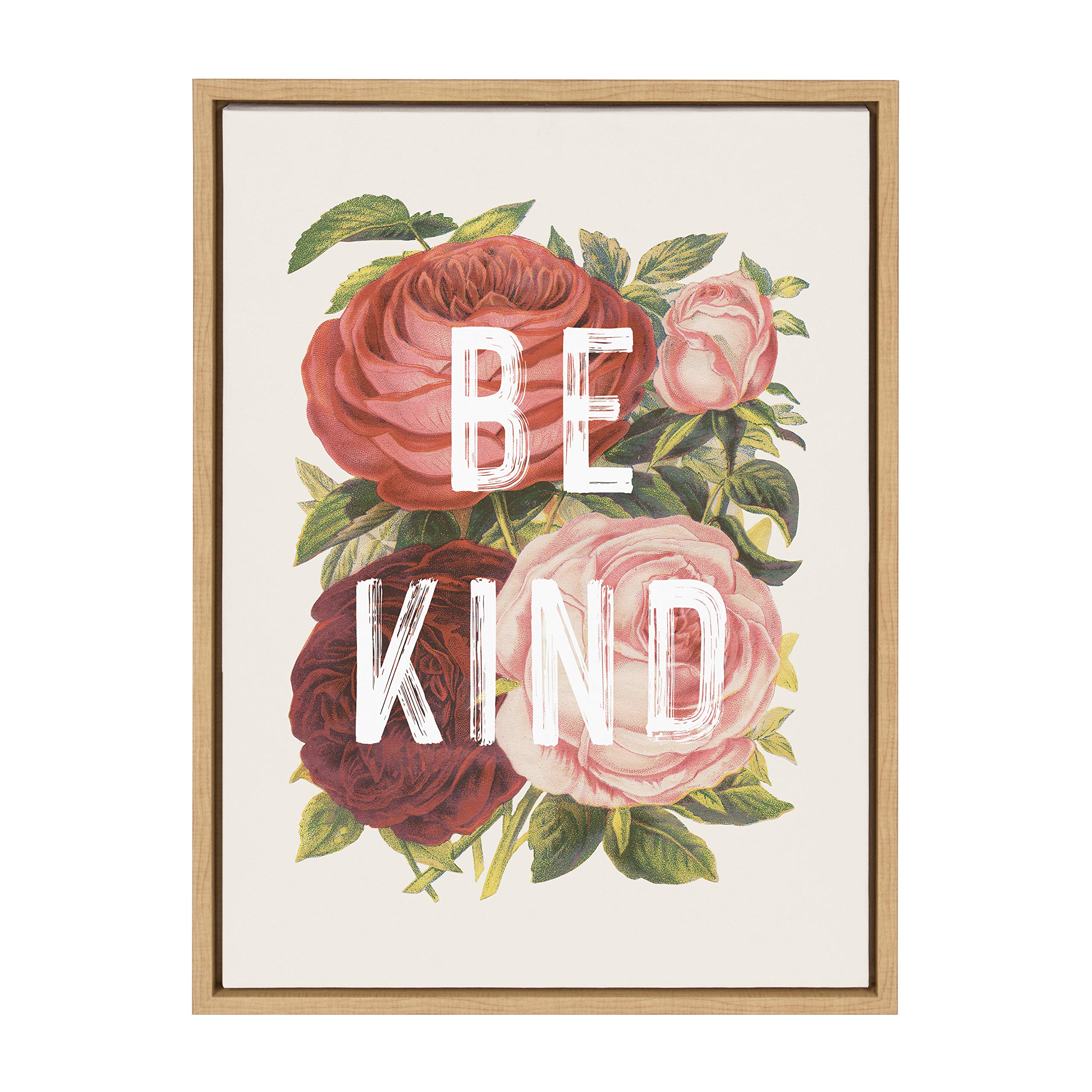 Kate and LaurelSylvie Vintage Flowers Be Kind Framed Canvas Wall Art by The Creative Bunch Studio, 18x24 Natural, Floral Art for Wall